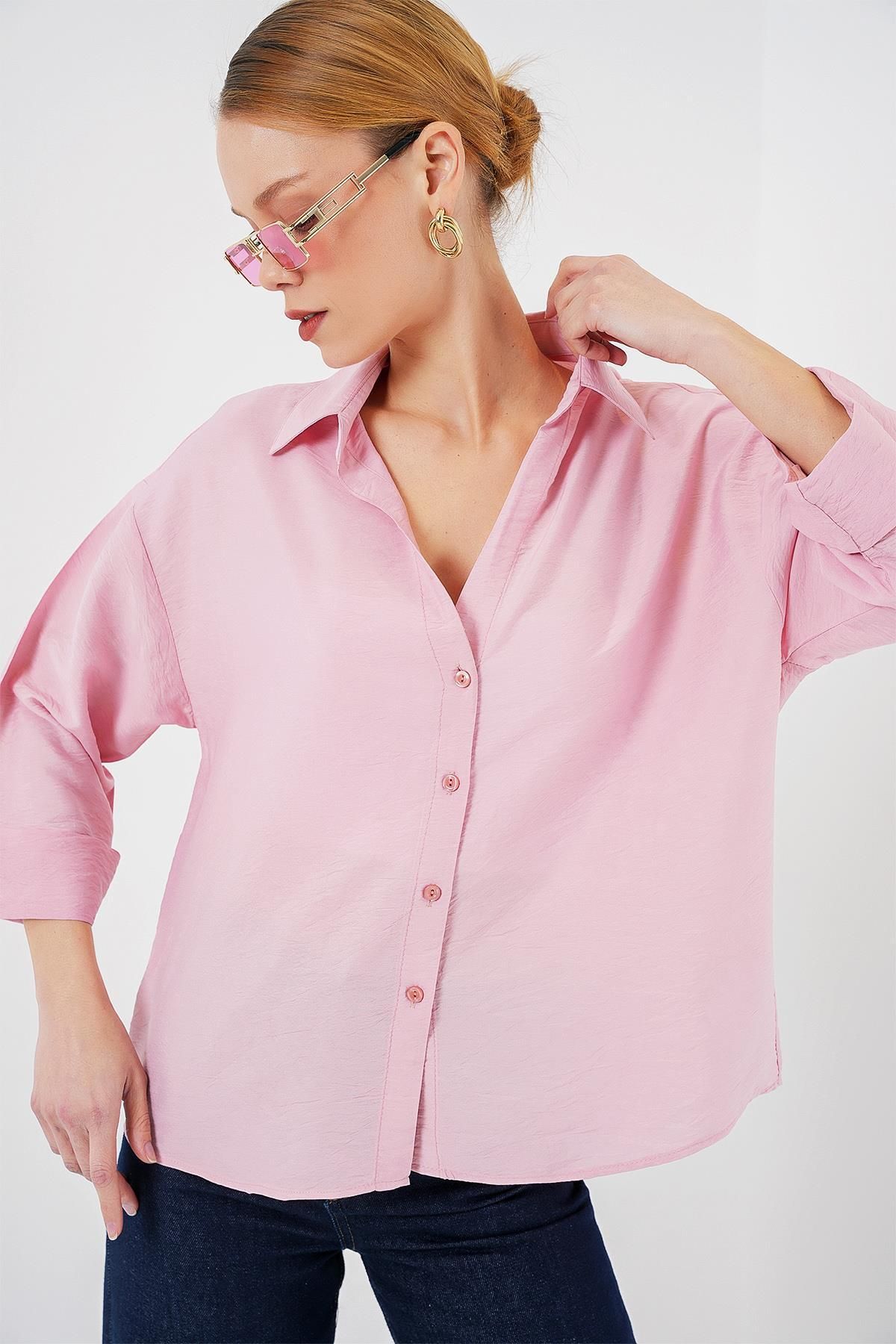 MODAMAİSA Kadın Oversize Kısa Kol Gömlek - Pembe