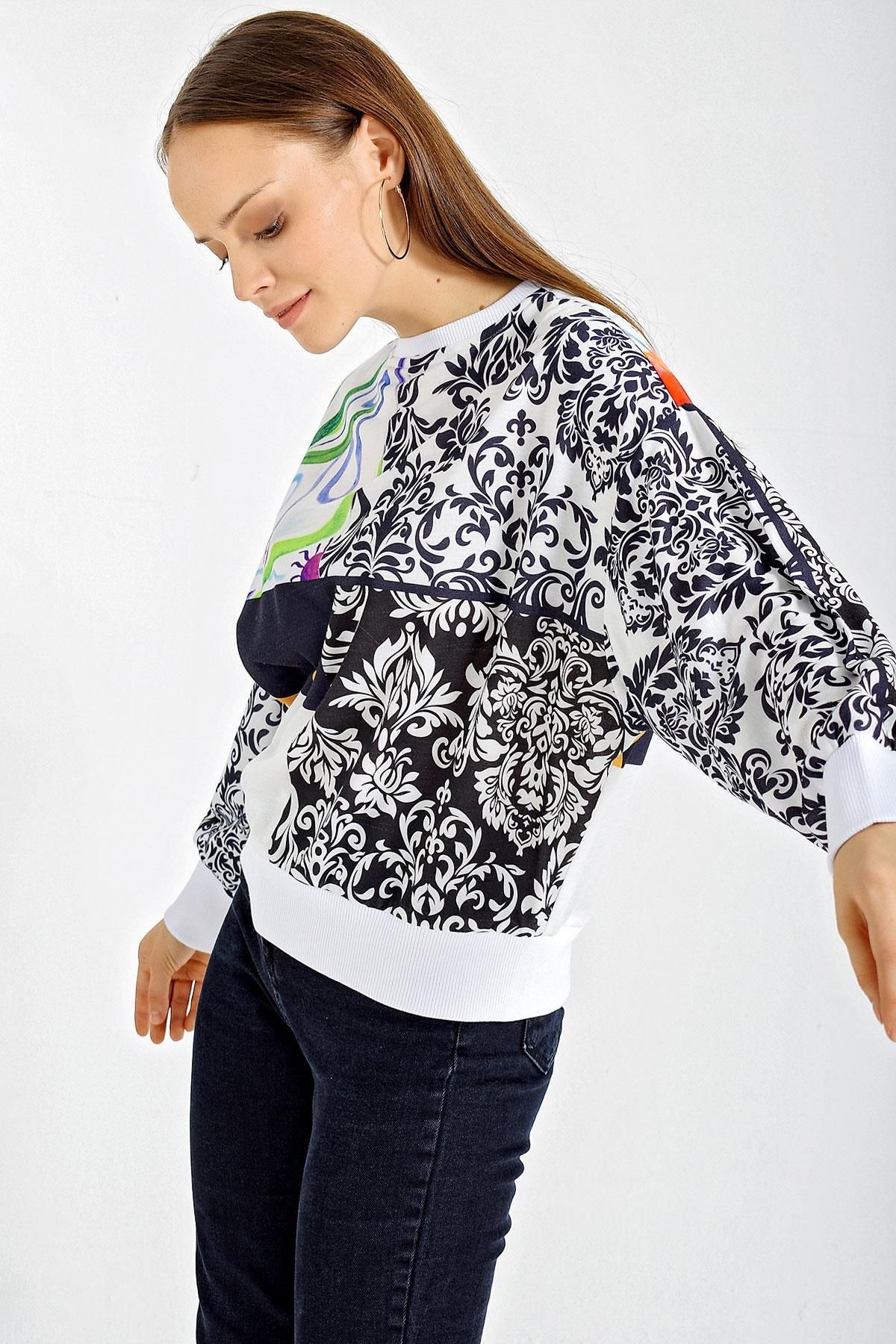 MODAMAİSA Mix Desenli Oversize Sweatshırt - Beyaz