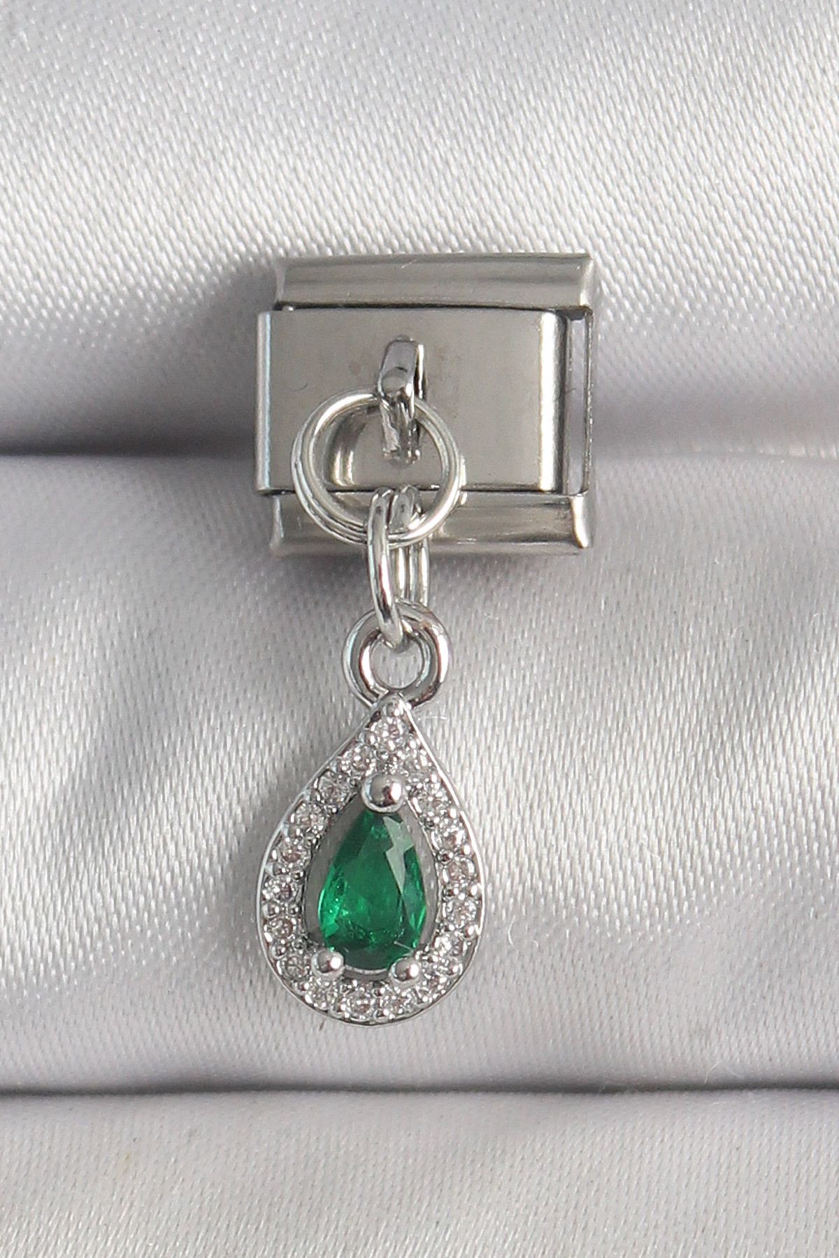 NEZADE STORE 316L Çelik Gümüş Renk Sallantı Yeşil Zirkon Taşlı Damla Model Nomination Charm - TJ-BC1383