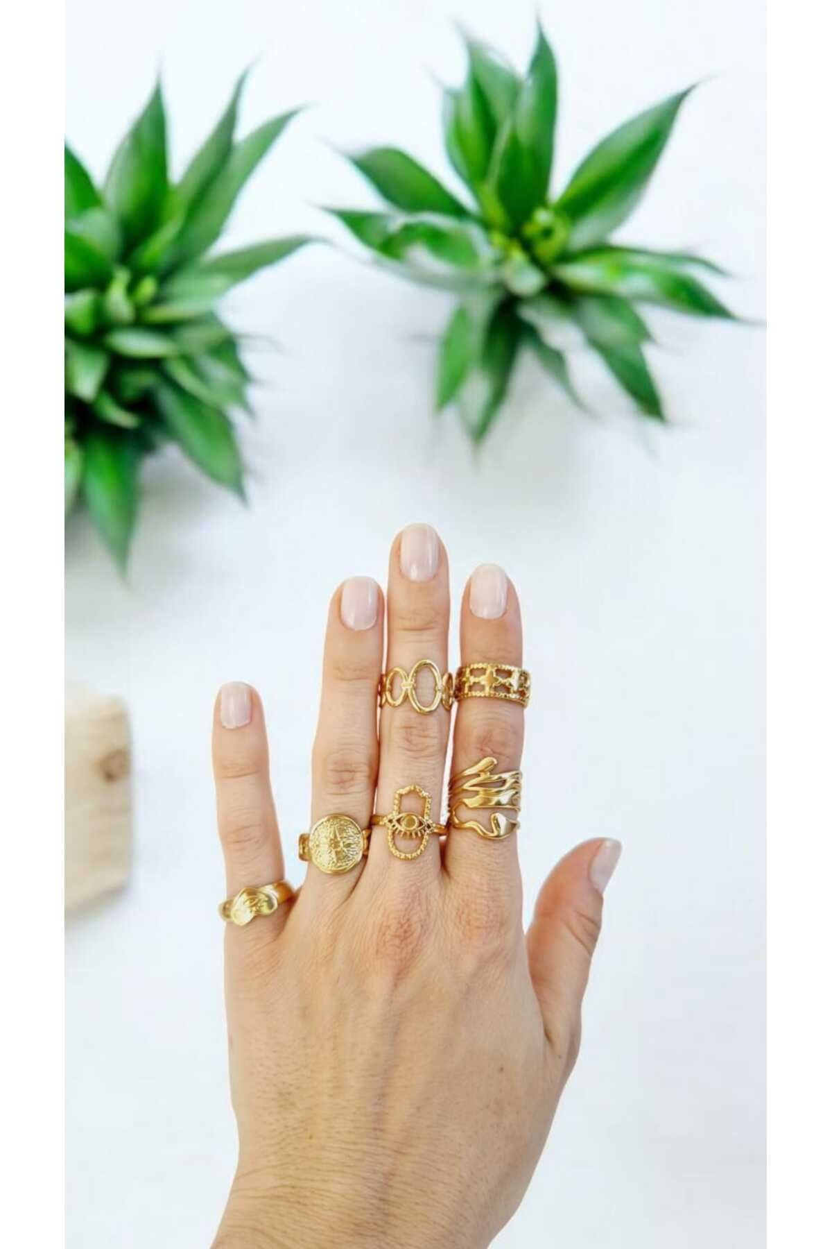 İNİTİUM Paslanmaz Çelik Altın Kaplama Vintage Tarz 6'lı Gold Yüzük