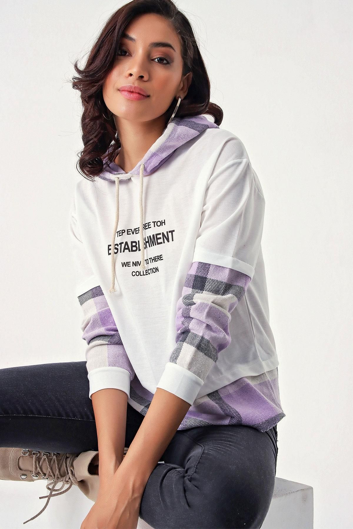 MODAMAİSA Ekose Detaylı Kapşonlu Sweatshirt - Beyaz