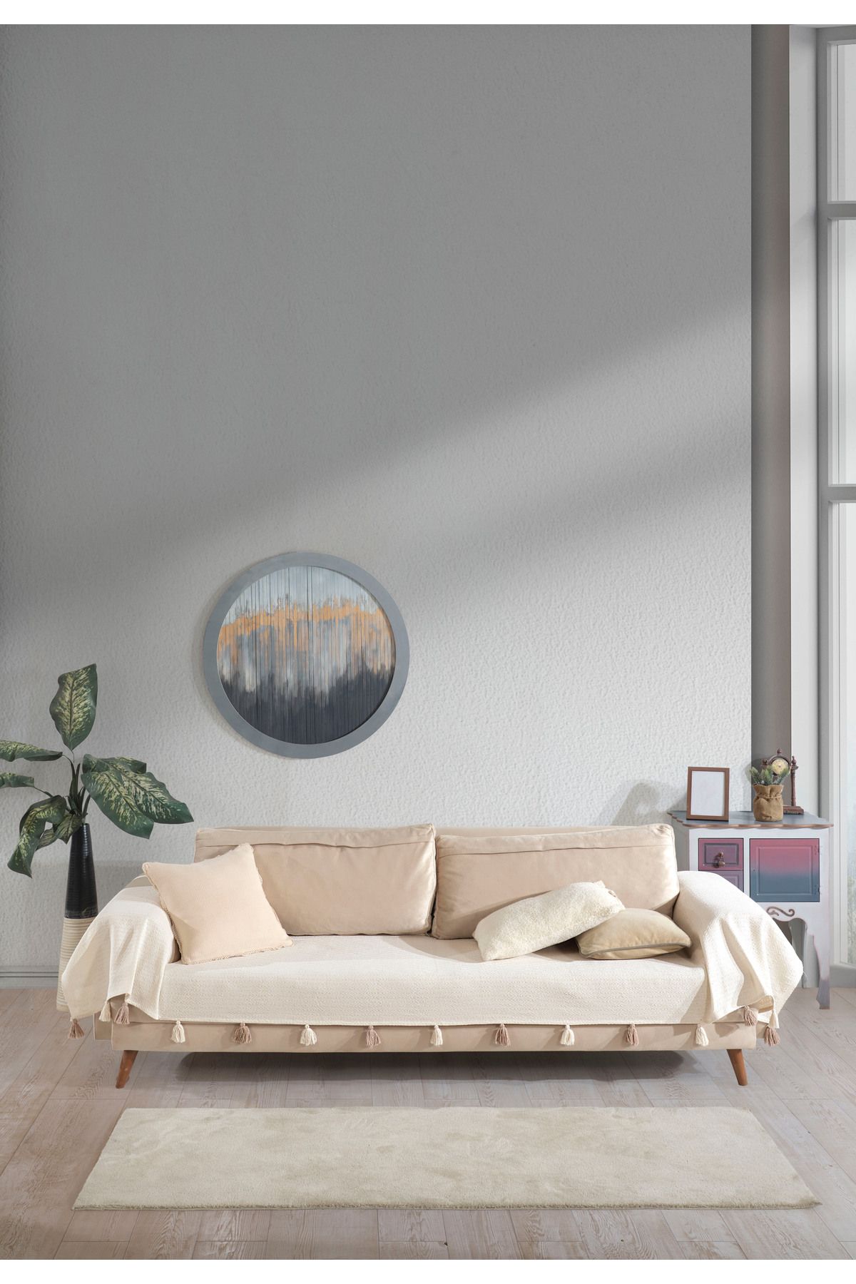 Lux Touch Pera Ekru Püsküllü Kolları Örten Koltuk Örtüsü 300x110 cm 3m Battal Boy Ponponlu Kanepe Divan Çekyat
