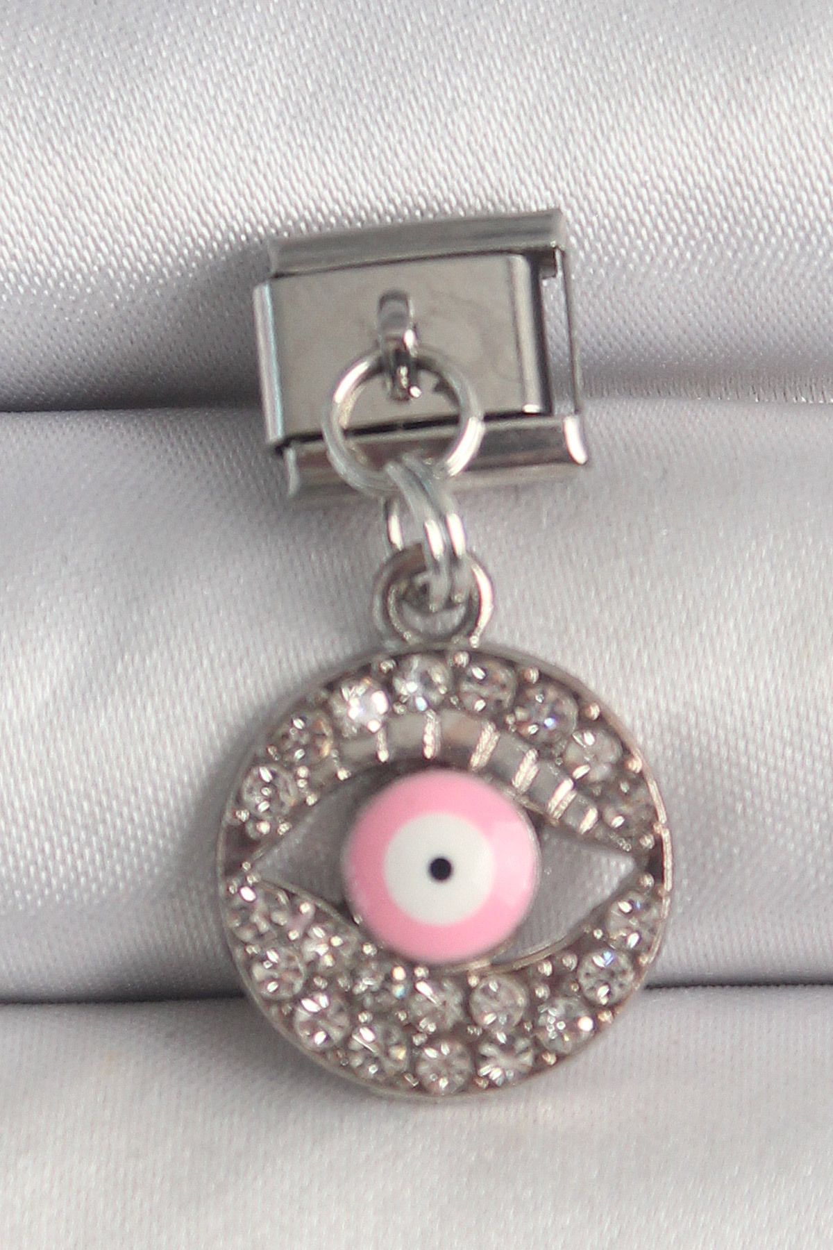 NEZADE STORE 316L Çelik Gümüş Renk Sallantı Zirkon Taşlı Pembe Göz Model Nomination Charm - TJ-BC1373