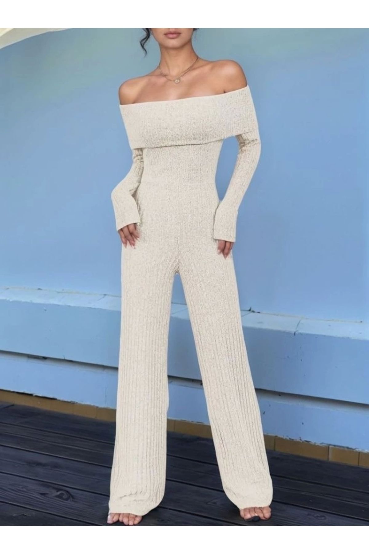 MODA Kadın Uzun Kollu Madonna Yaka şardonlu Kaşkorse Tulum