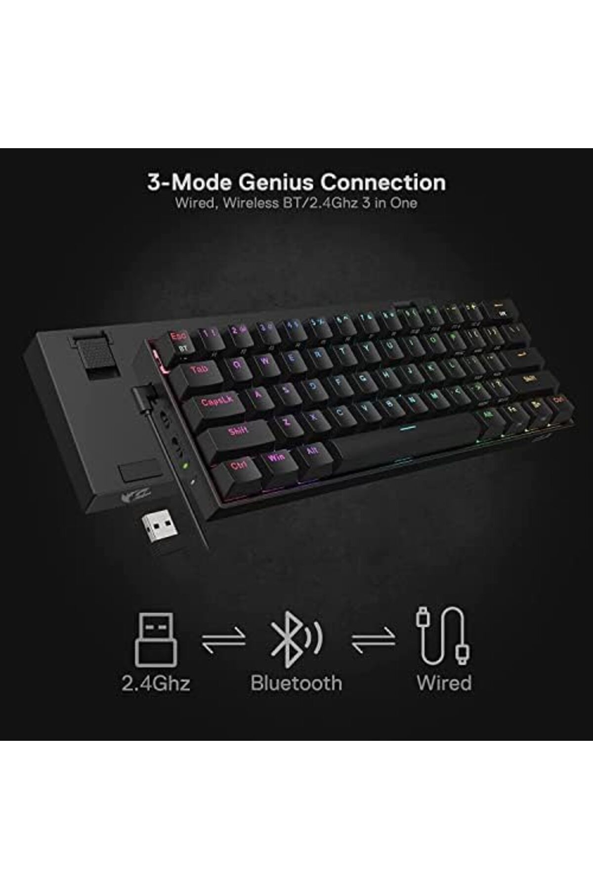 REDRAGON-Compact RGB Mechanical Gaming Keyboard, Wireless Bluetooth 2.4GHz Wired, 3 Modes, 61 Keys with Hot-S 3