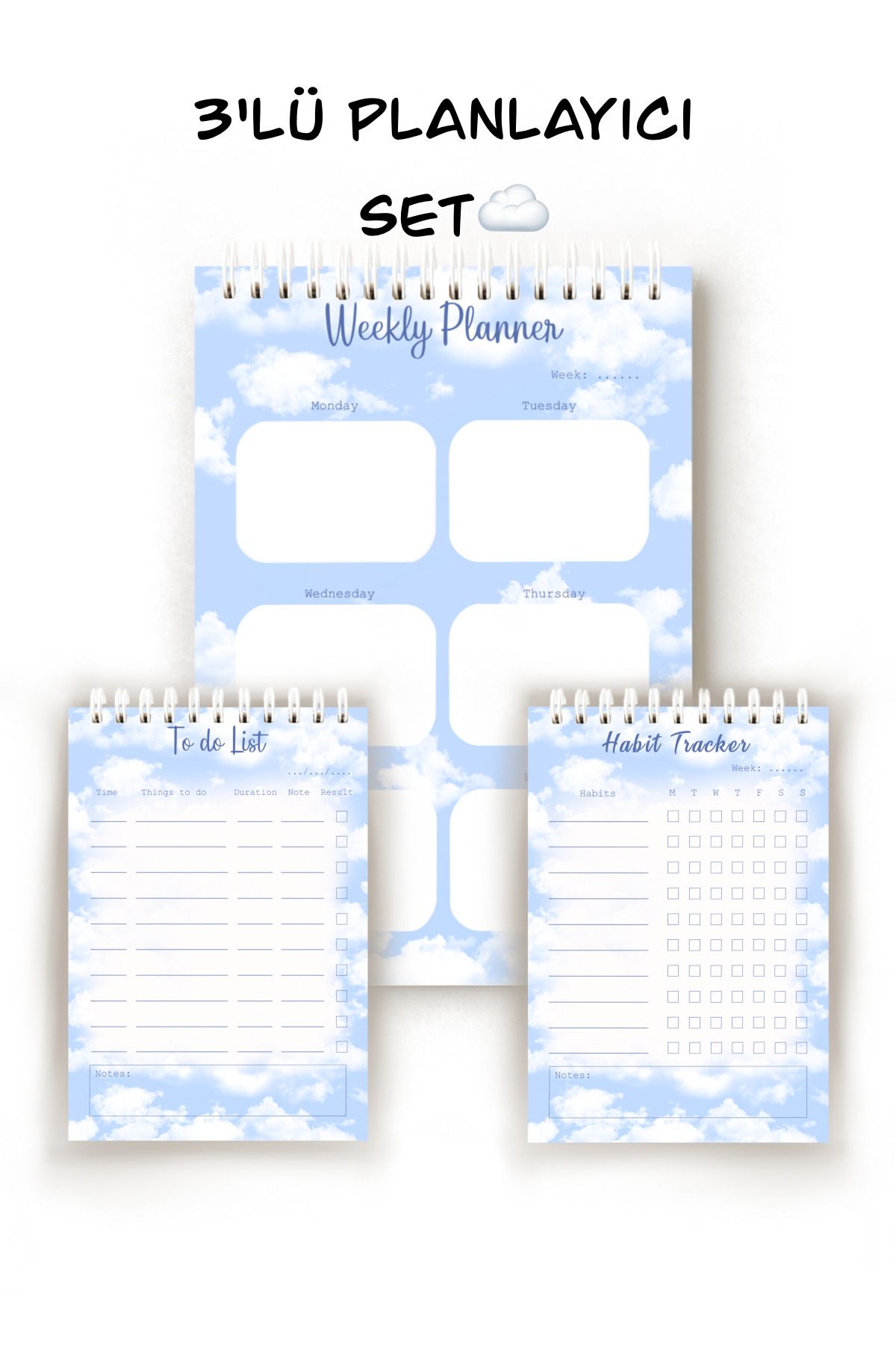 Handeto Kraft Bulut Temalı 3'lü İngilizce Planlayıcı, Haftalık Planlayıcı, Alışkanlık Takibi, To-do List, Planner