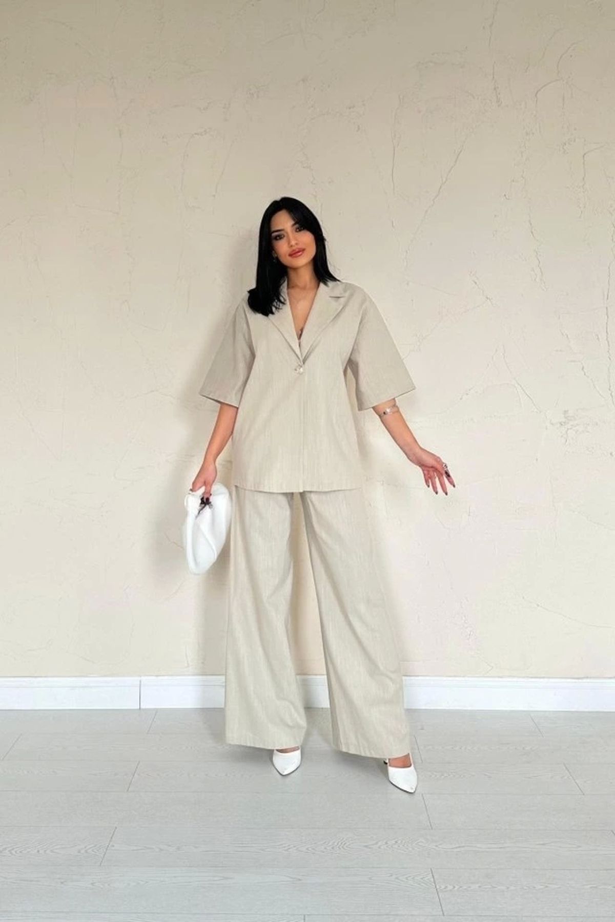 MODA Bej Önü Tek Düğmeli Ceket Pantolon Takım