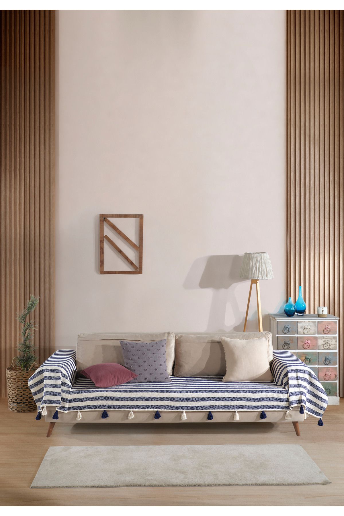 Lux Touch Pera Lacivert Püsküllü Kolları Örten Koltuk Örtüsü 300x110 cm 3m Battal Boy Ponponlu Kanepe Divan