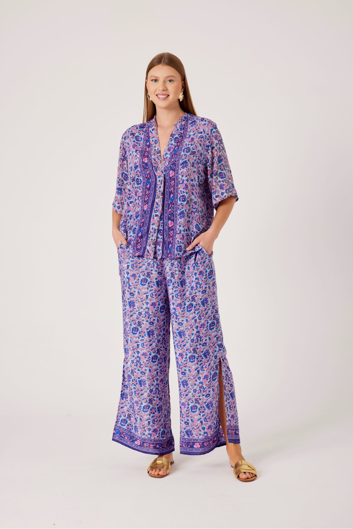 T'u Collection Yazlık Hint İpeği Pantalon Gömlek 2'li Takım