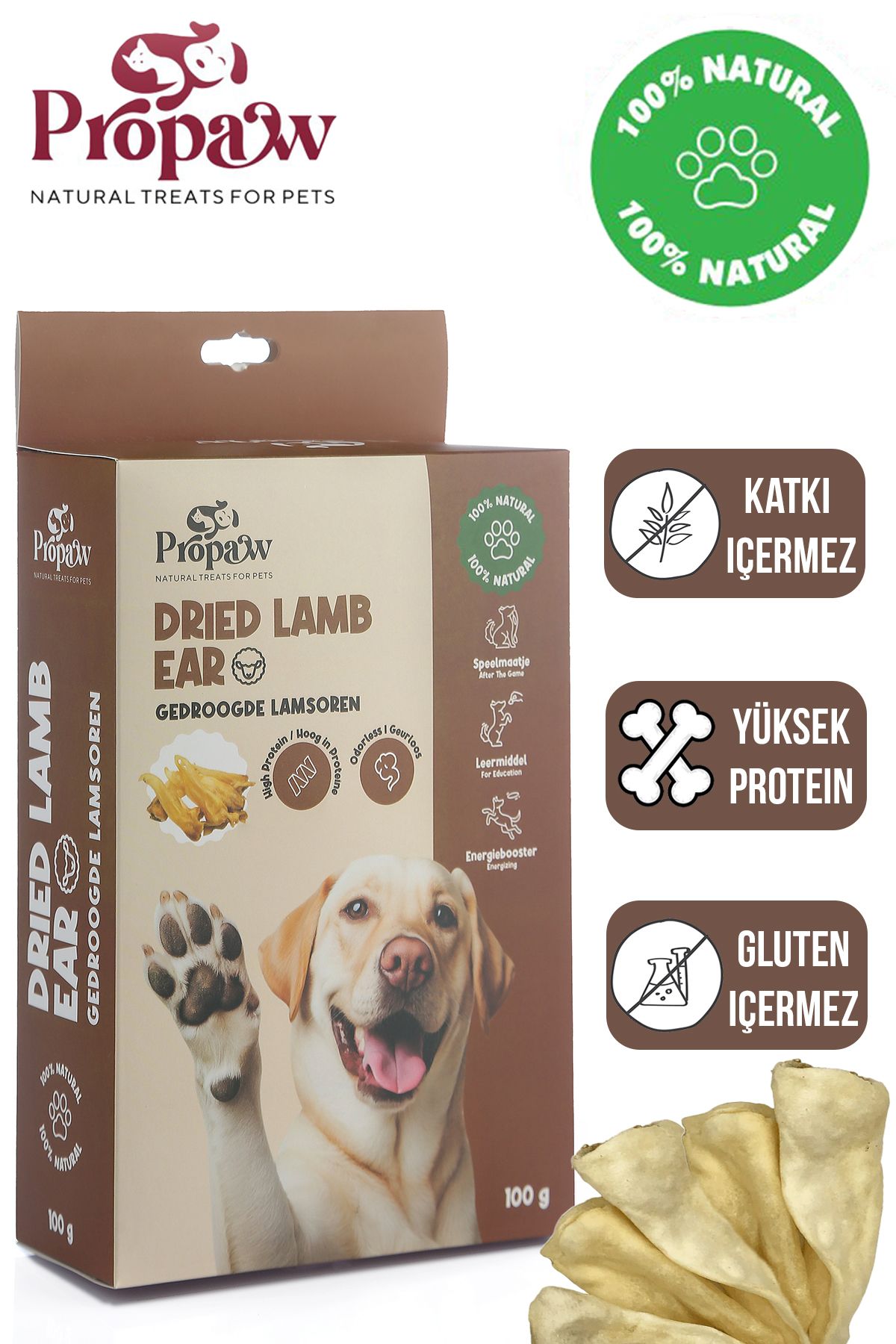 propaw Kurutulmuş Kuzu Kulak Köpek Ödül Maması Çiğnemelik %100 Doğal Tüm Irklar İçin Yüksek Protein 100 g
