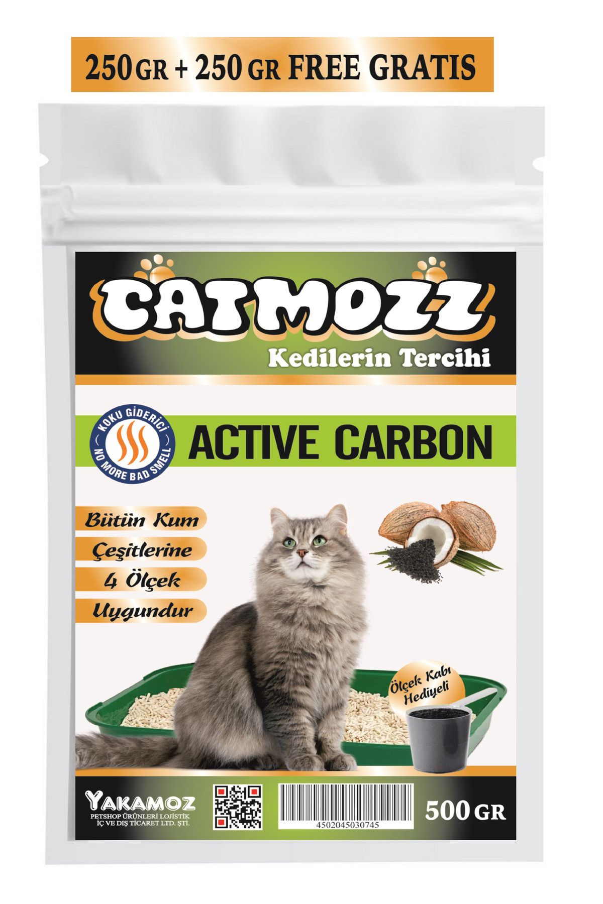 CatMozz Coconut Aktif Karbon Kedi Kumu Koku Giderici 250GR + 250GR BONUS PAKET 500 GR Ölçek Hediye