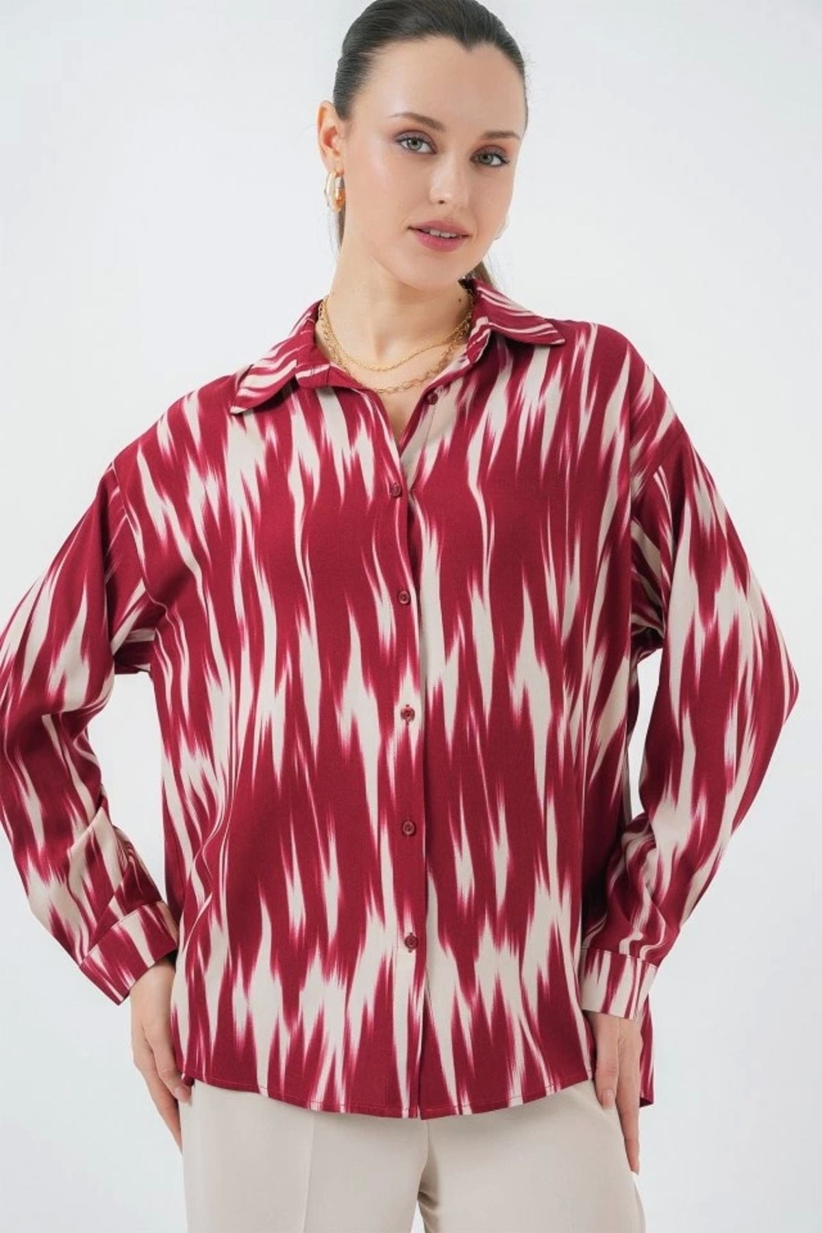 MODA Desenli Oversize Gömlek 20301 Kırmızı