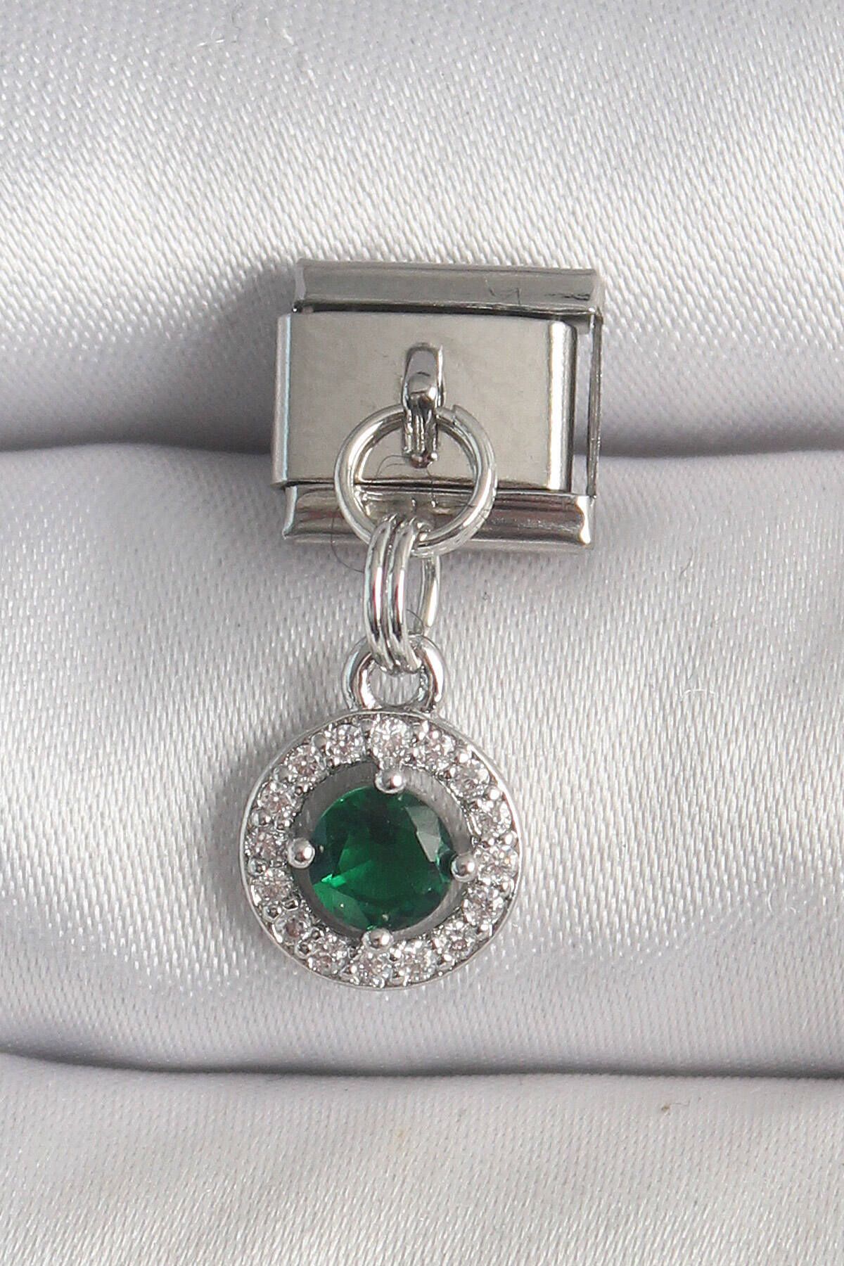 Avantaj Kapıda ® 316L Çelik Gümüş Renk Sallantı Yeşil Zirkon Taşlı Nomination Charm