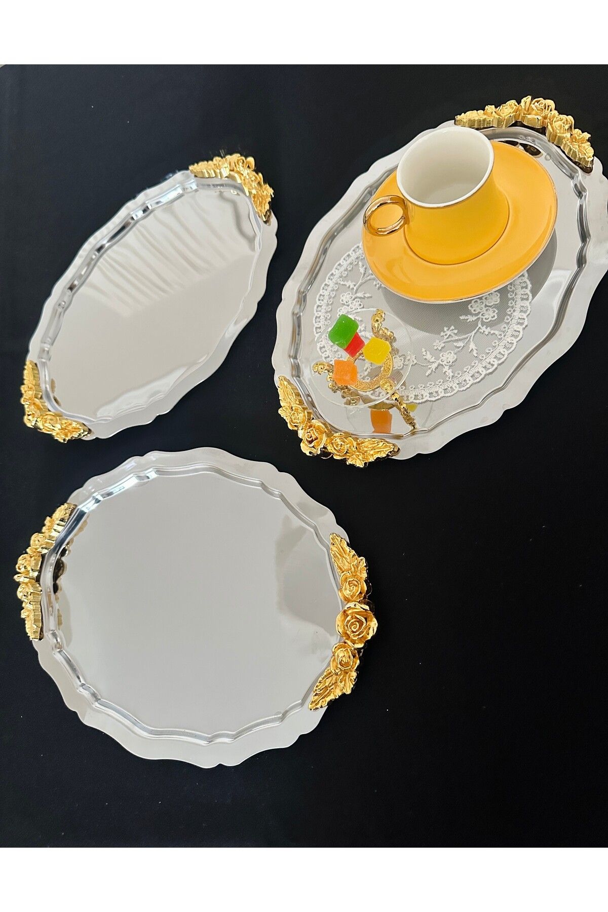 Melinda home PASLANMAZ ÇELİK 3 ADET OVAL GOLD KULPLU SERVİS VE SUNUM TEPSİSİ