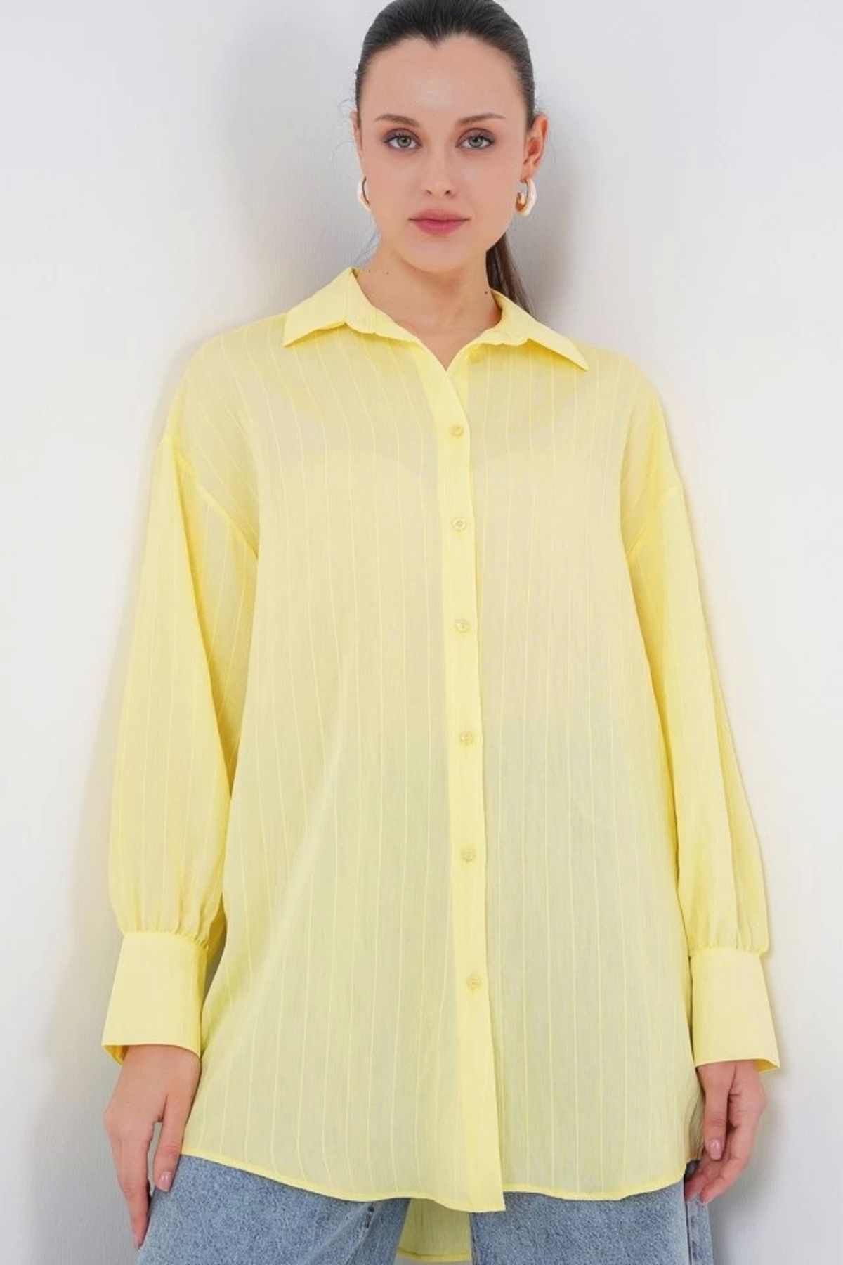 MODA Çizgili Uzun Gömlek Tunik 5963 Sarı