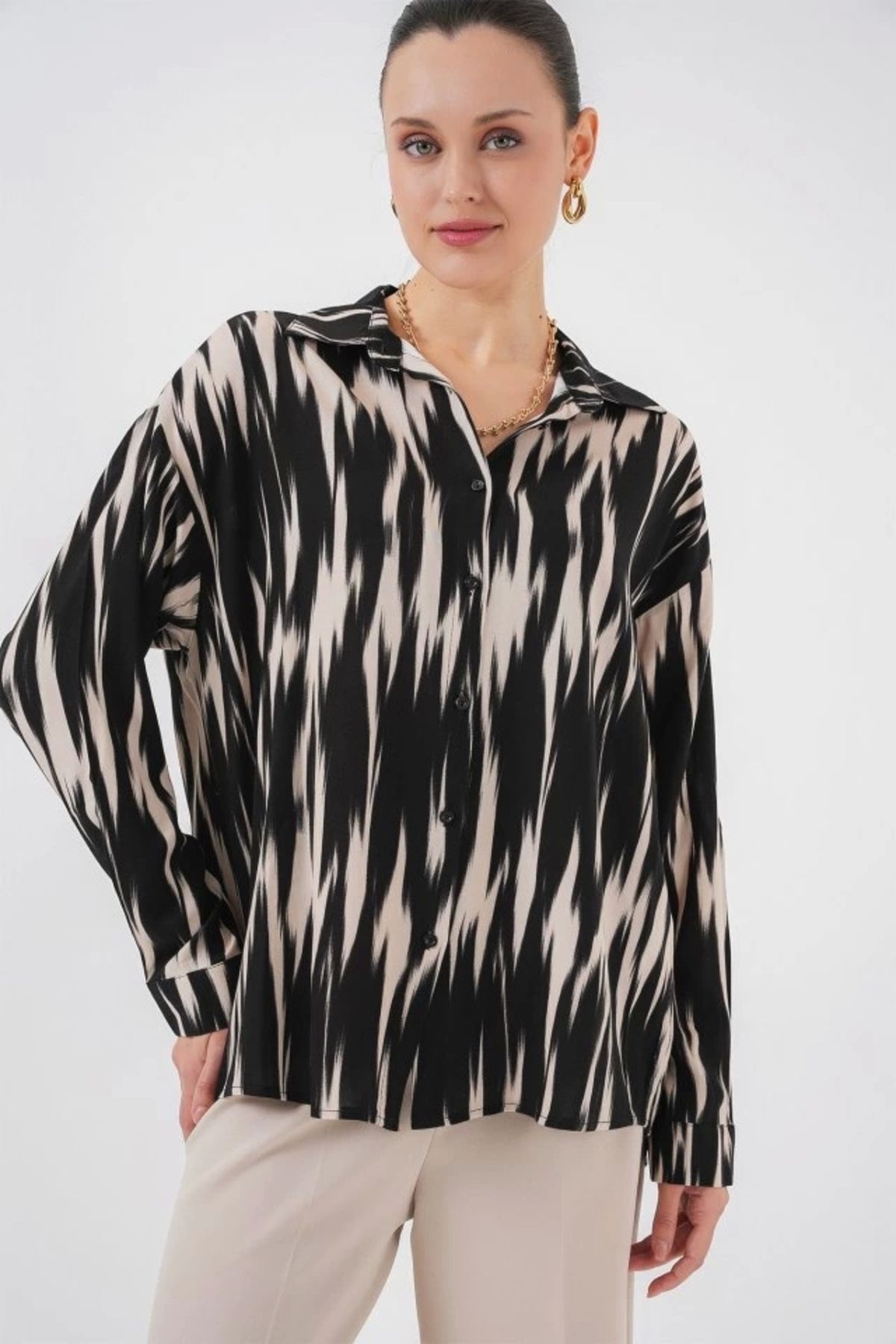 MODA Desenli Oversize Gömlek 20301 Siyah