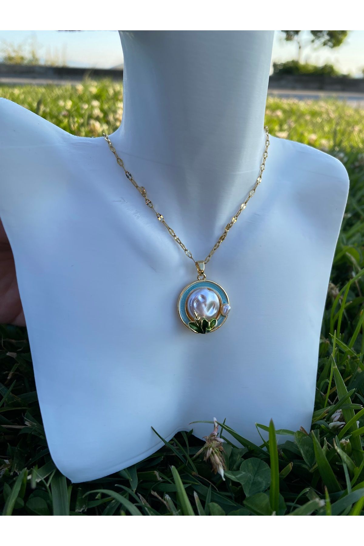 asem jewelry PASTEL MAVİ VE YAPRAK DETAYLI BÜYÜK İNCİ VİNTAGE ÇELİK KOLYE