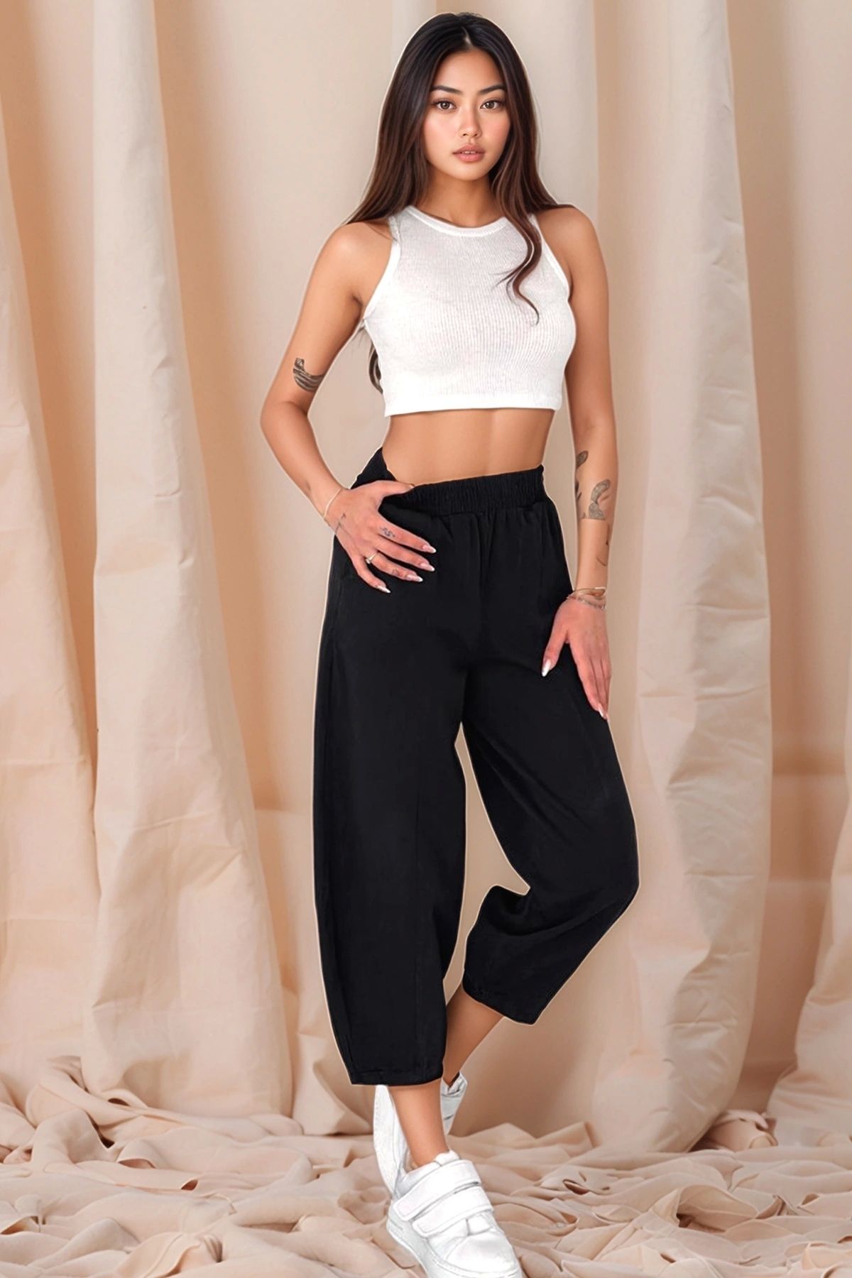 Meine Liebe Unterwäsche Kadın Pamuklu Bel Lastikli Dikiş Detaylı Siyah Gabardin Kumaş Pantolon