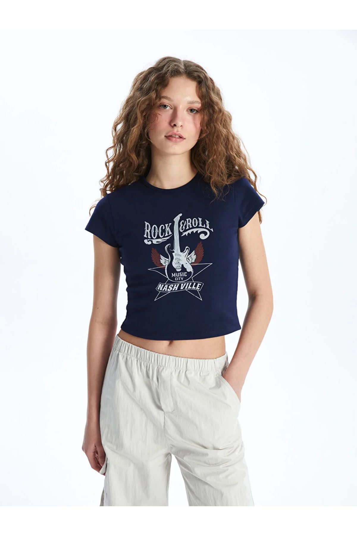 LC Waikiki XSIDE Bisiklet Yaka Baskılı Kısa Kollu Kadın Crop Crop