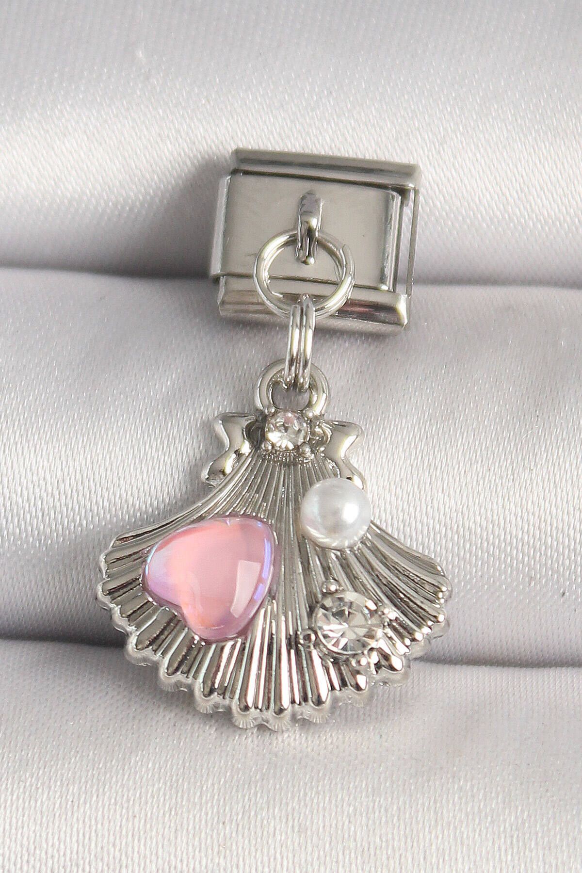 Avantaj Kapıda ® 316L Çelik Gümüş Renk Zirkon Taşlı Pembe Mineli Kalp Detay Nomination Charm