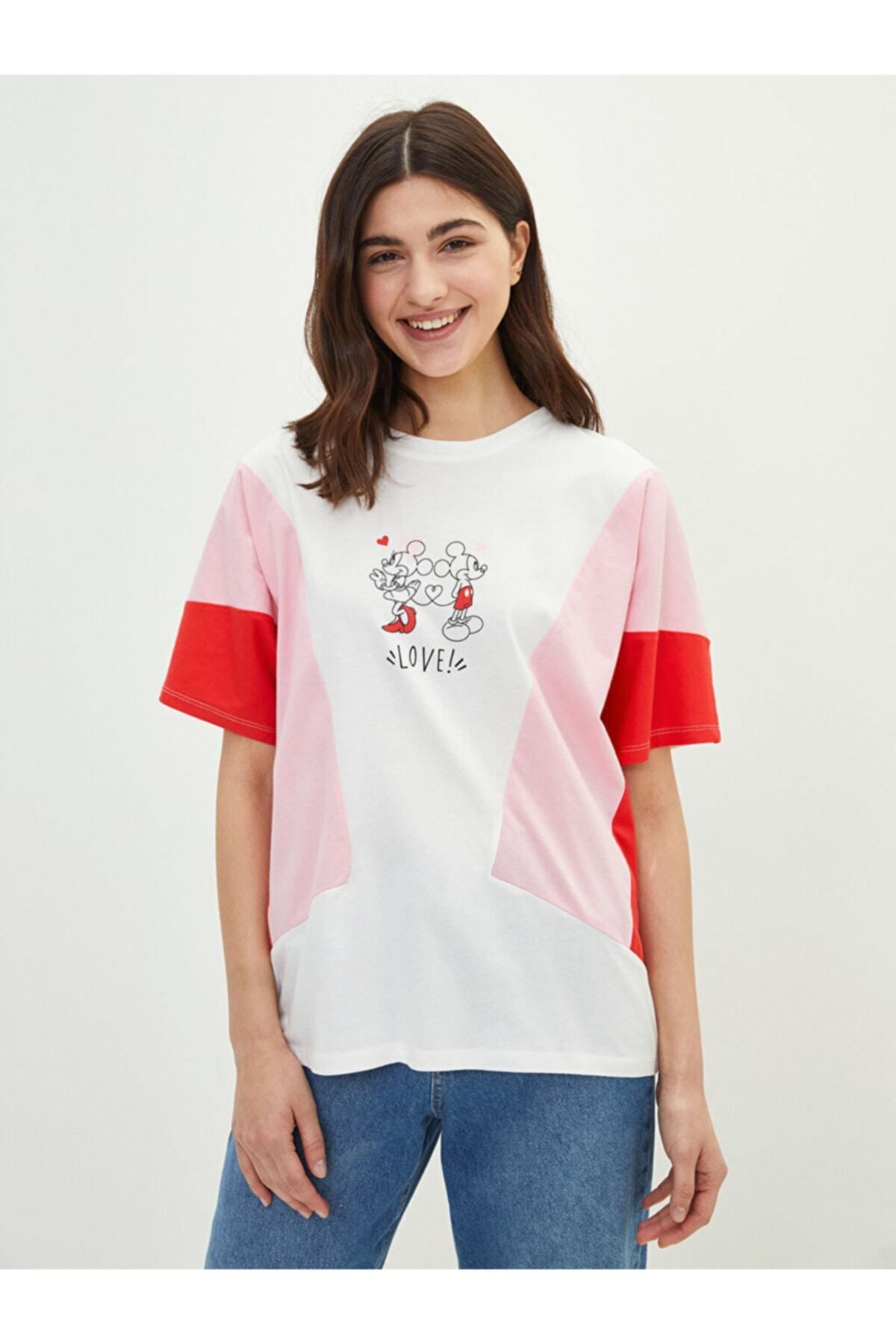 LC Waikiki Lcw Casual Bisiklet Yaka Mickey Mouse Baskılı Kısa Kollu Pamuklu Kadın Tişört