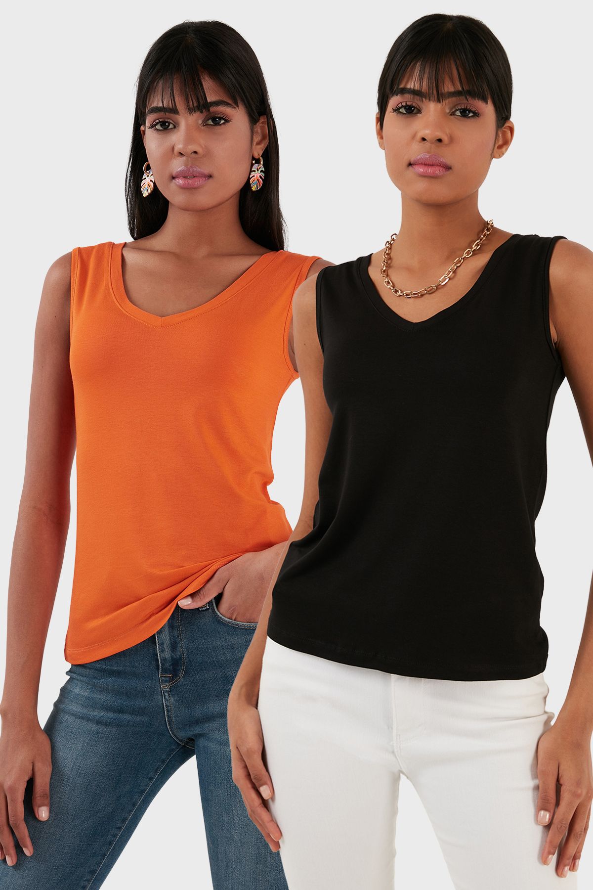 Lela Slim Fit V Yaka Kalın Askılı 2' li Paket Bluz BLUZ 5864384S2