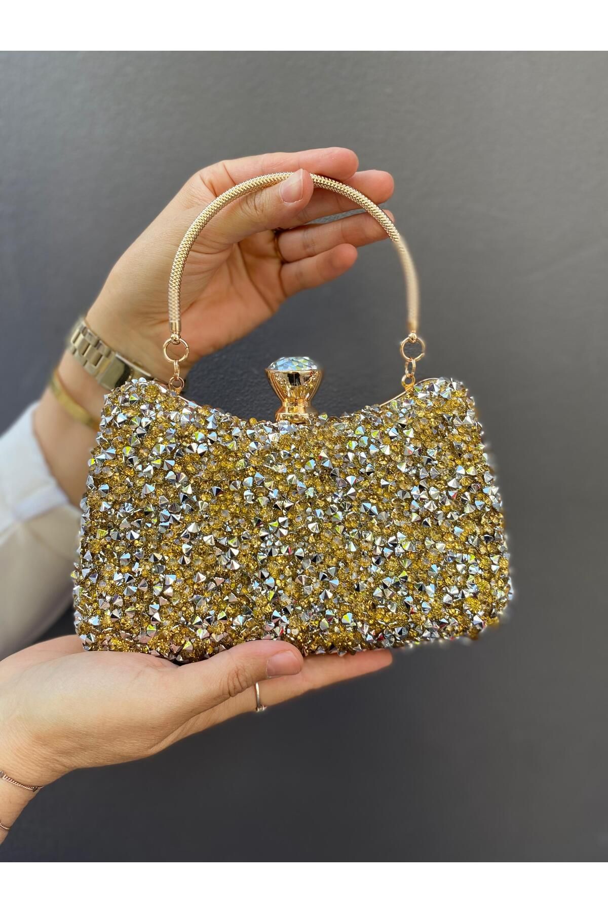 H&D COLLECTİON Kristal Taşlı Çift Taraflı Çok Şık Uzun Askılı Abiye Çantası