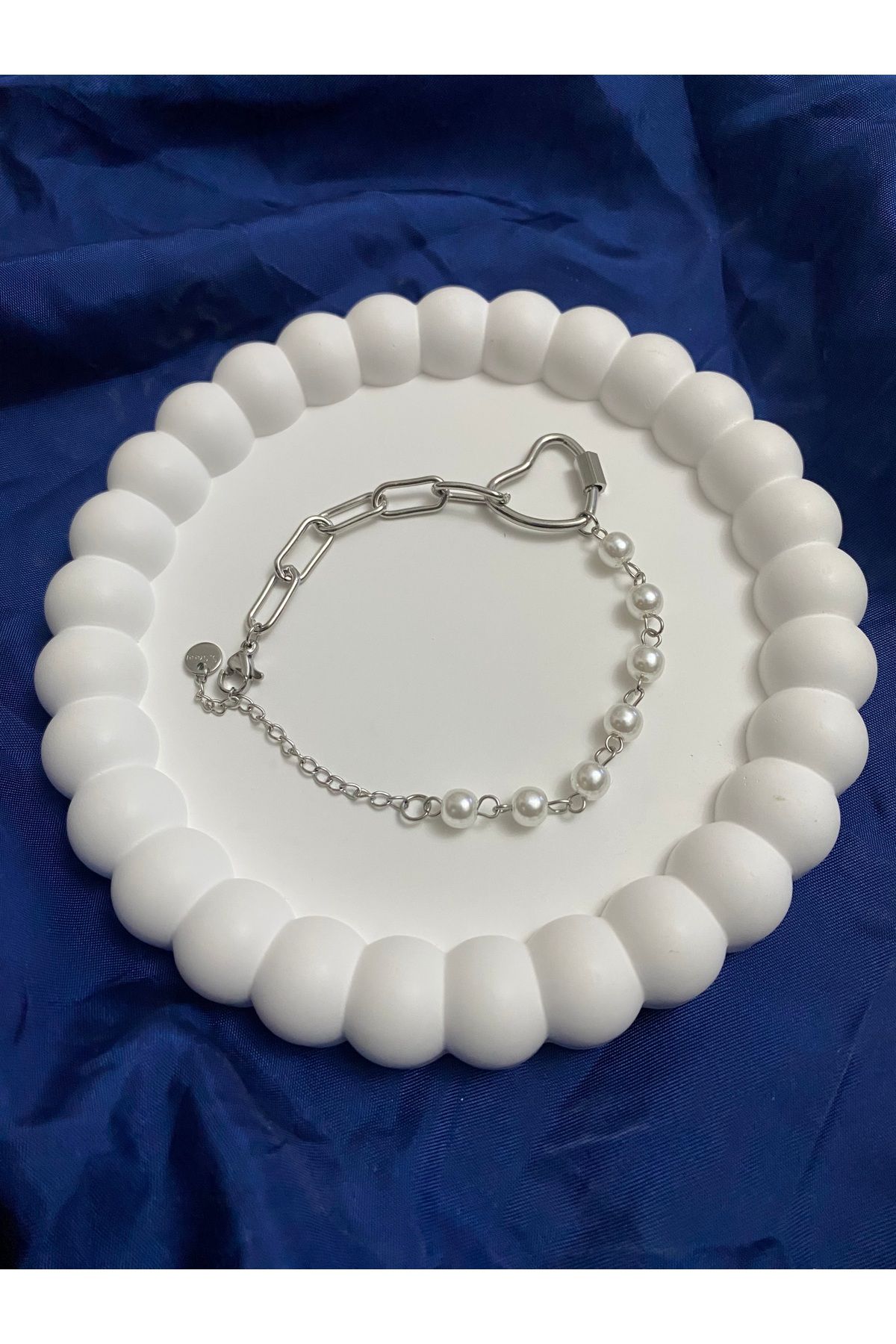 asem jewelry İNCİ KİLİT KALP DETAYLI ÇELİK BİLEKLİK