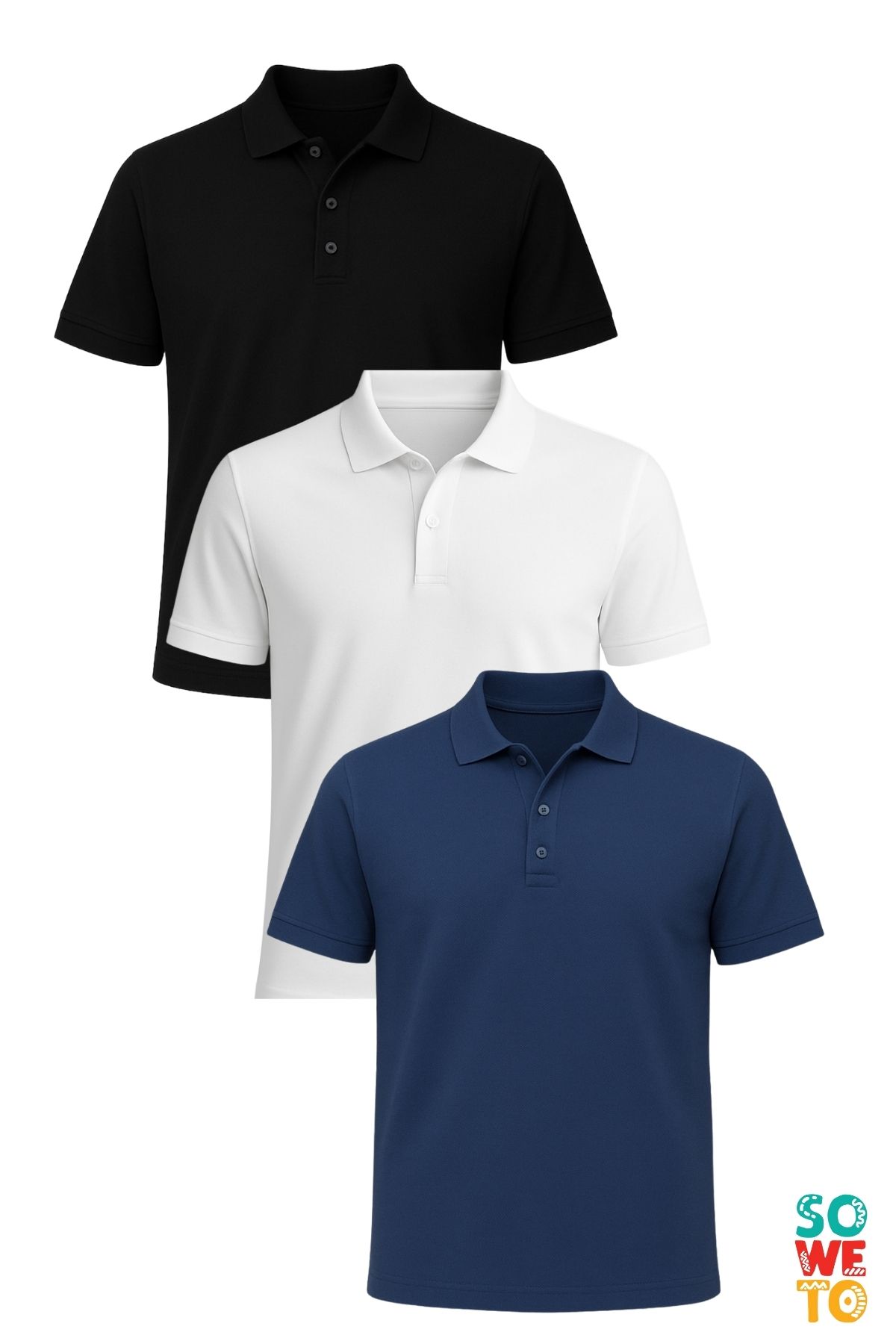 Soweto Erkek Düğmeli Kısa Kol Regular Fit %100 Pamuklu Polo Yaka 3'lü Basic T-Shirt