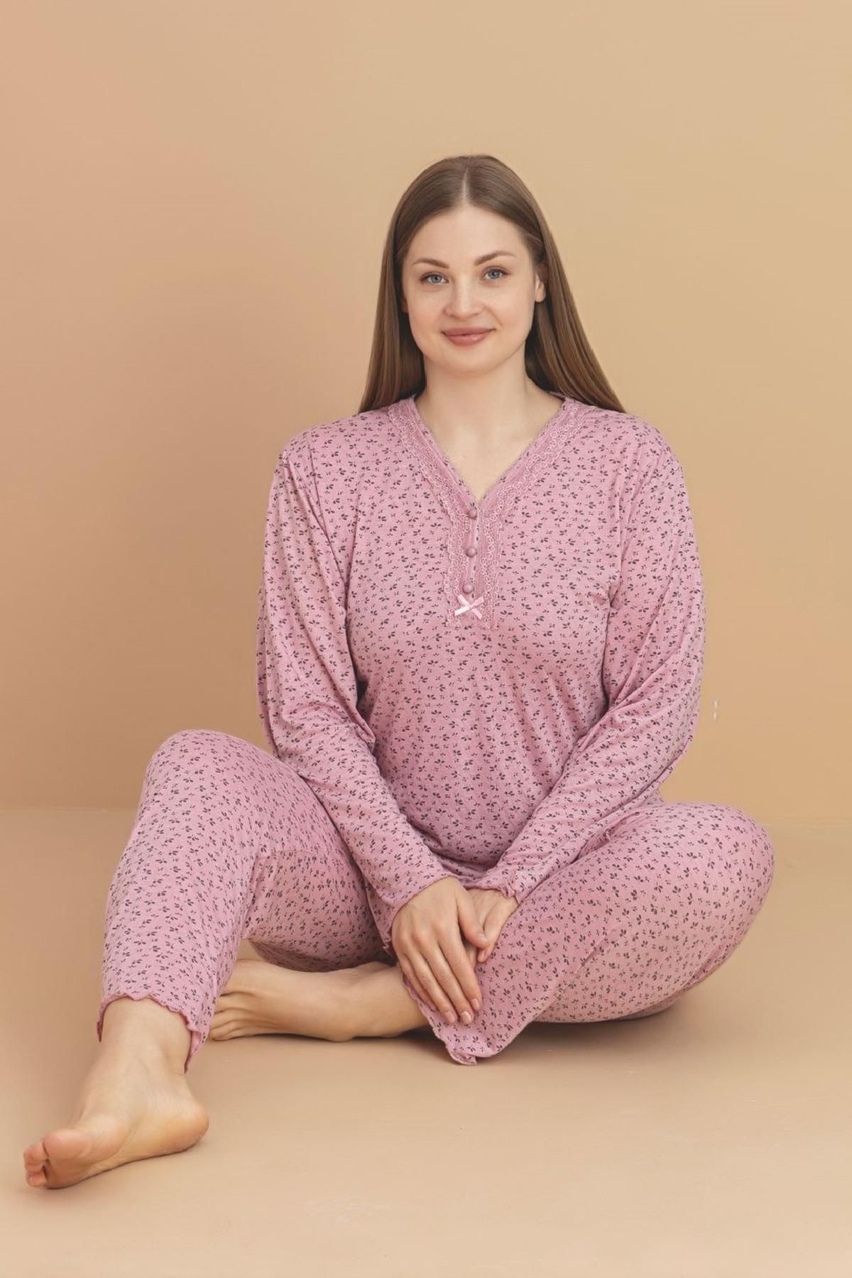 PİJAMERRY Pijamerry Kadın Büyük Beden Dantel Yaka Bambu Uzun Kol İnce Pijama Takımı 5920- 1 Adet