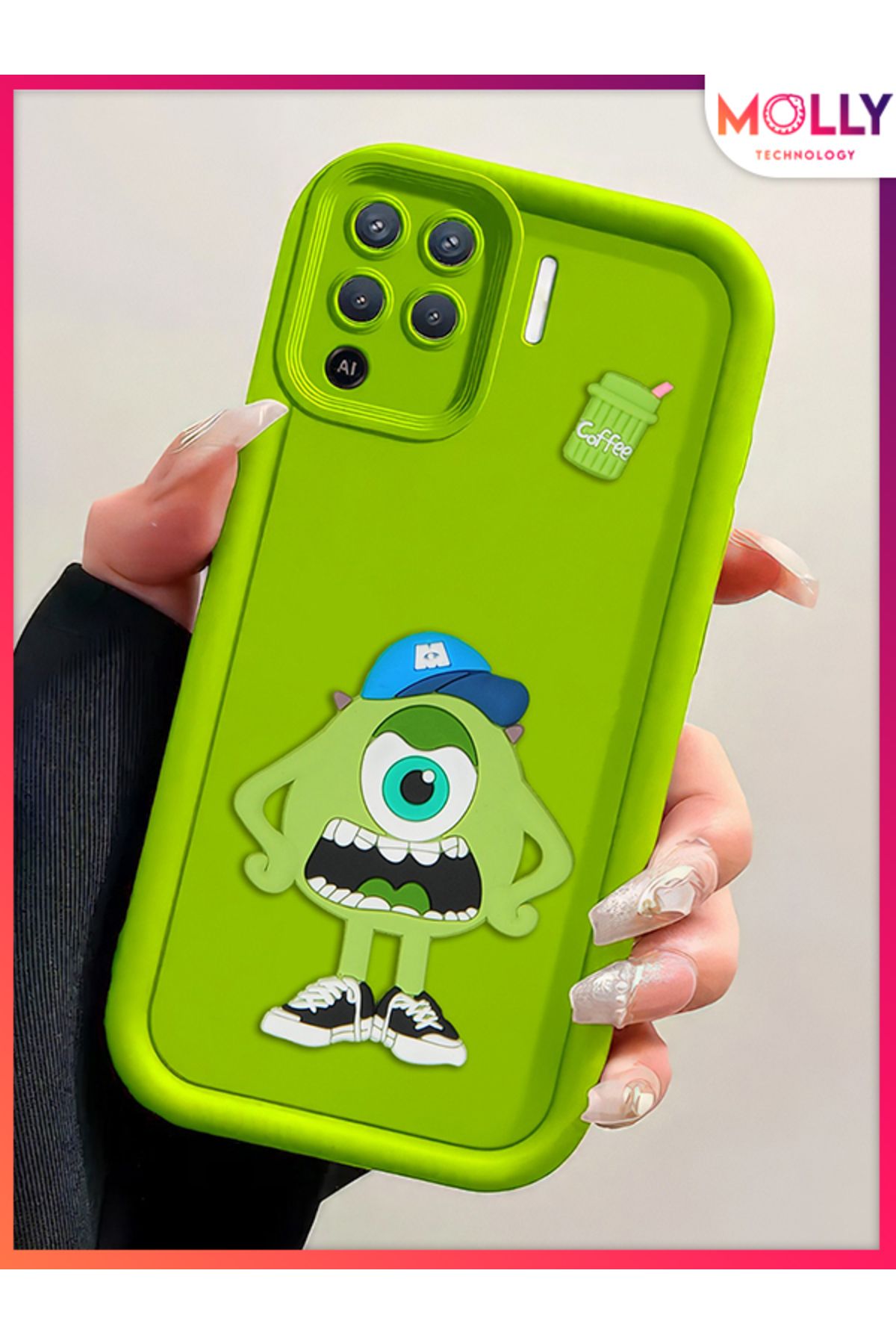 Molly Oppo Reno 5 Lite İçin Yeşil Kenarları Kalın 3d Kabartmalı Sevimli Canavar Mike Silikon Kılıf
