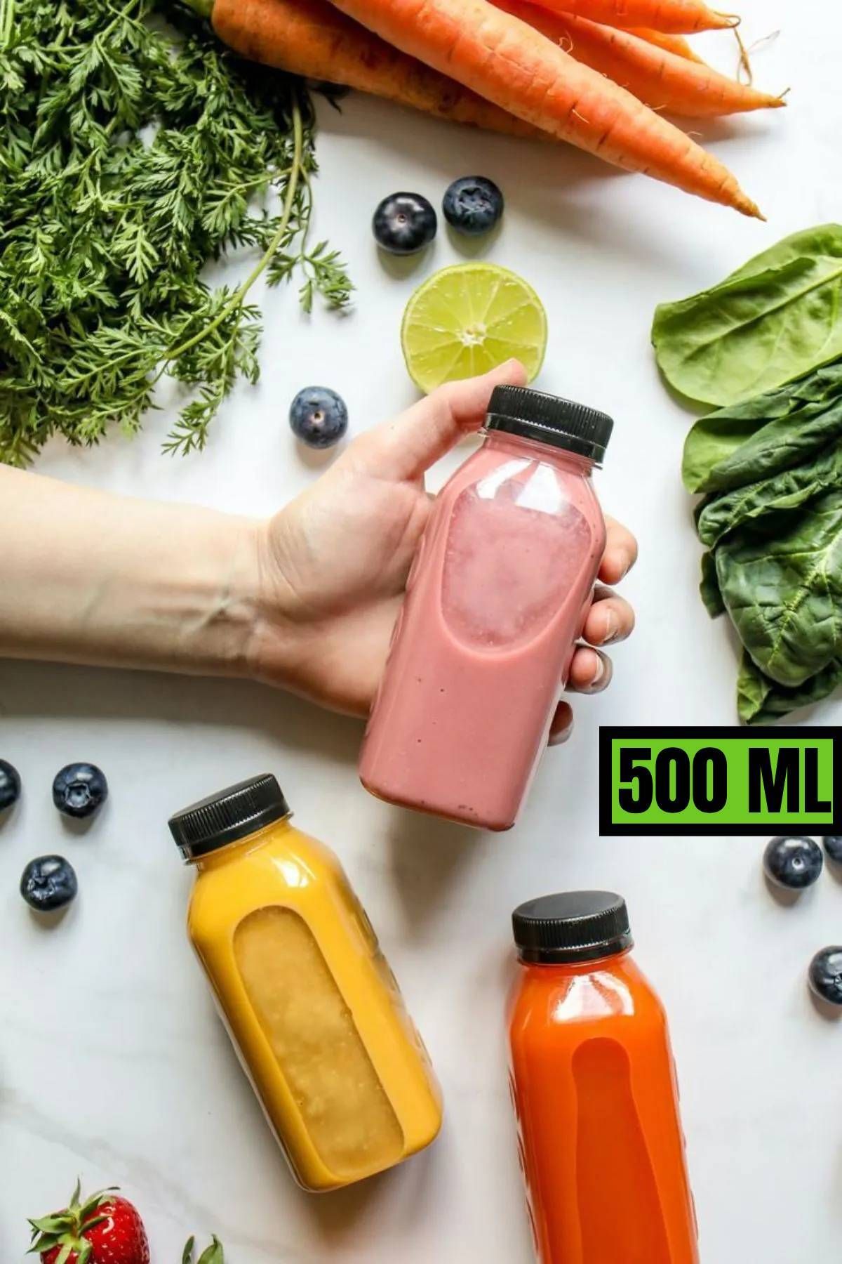 MEDUSHOP 3 Adet 500 ml Smoothie Detoks Şişesi Şeffaf Plastik Sızdırmaz Kapak Köşeli Meyve Suyu Şişesi