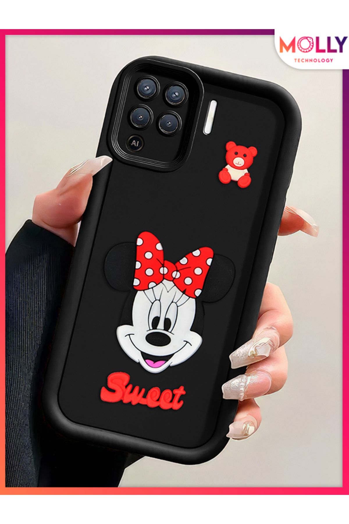 Molly Oppo Reno 5 Lite İçin Siyah Kenarları Kalın 3d Kabartmalı Sevimli Minnie Silikon Kılıf