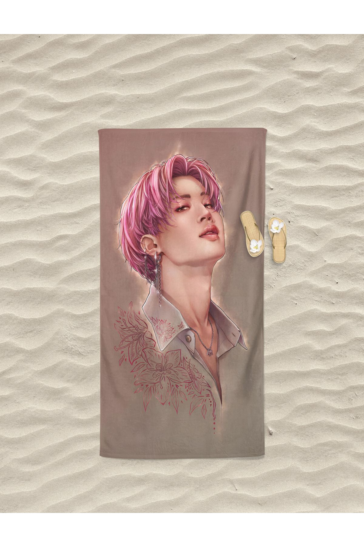 Erays Home Jimin BTS Desenli Dijital Baskılı Plaj Havlusu Genç Kız Plaj Havlusu Deniz Havlusu