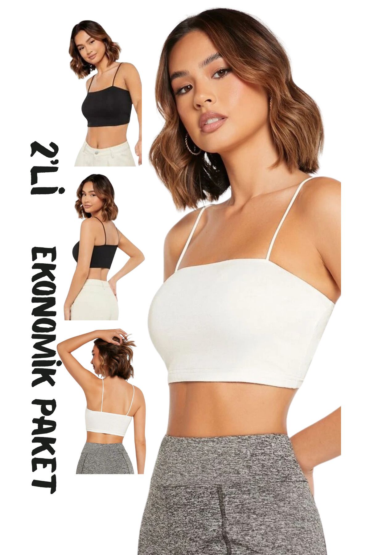 Shiron Sportswear&Company Kadın Siyah-Beyaz Modal Kumaş İp Askılı Crop Büstiyer 2'Li Ekonomik Paket