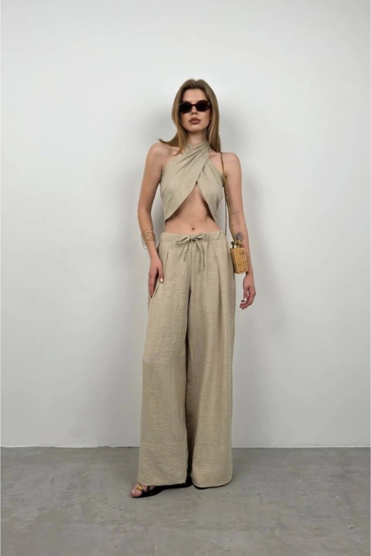 MODA Düşük Bel Oversize Keten Pantolon