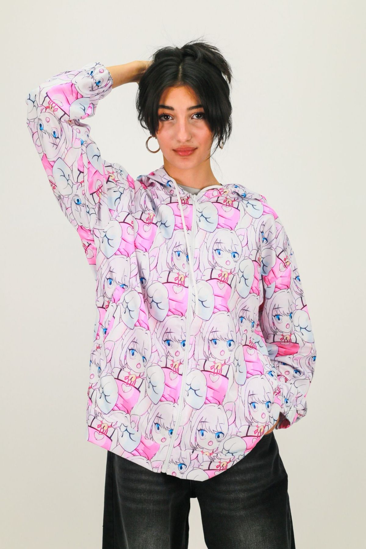 fehika Kadın Pembe Ceket Anime Baskı Yağmurluk