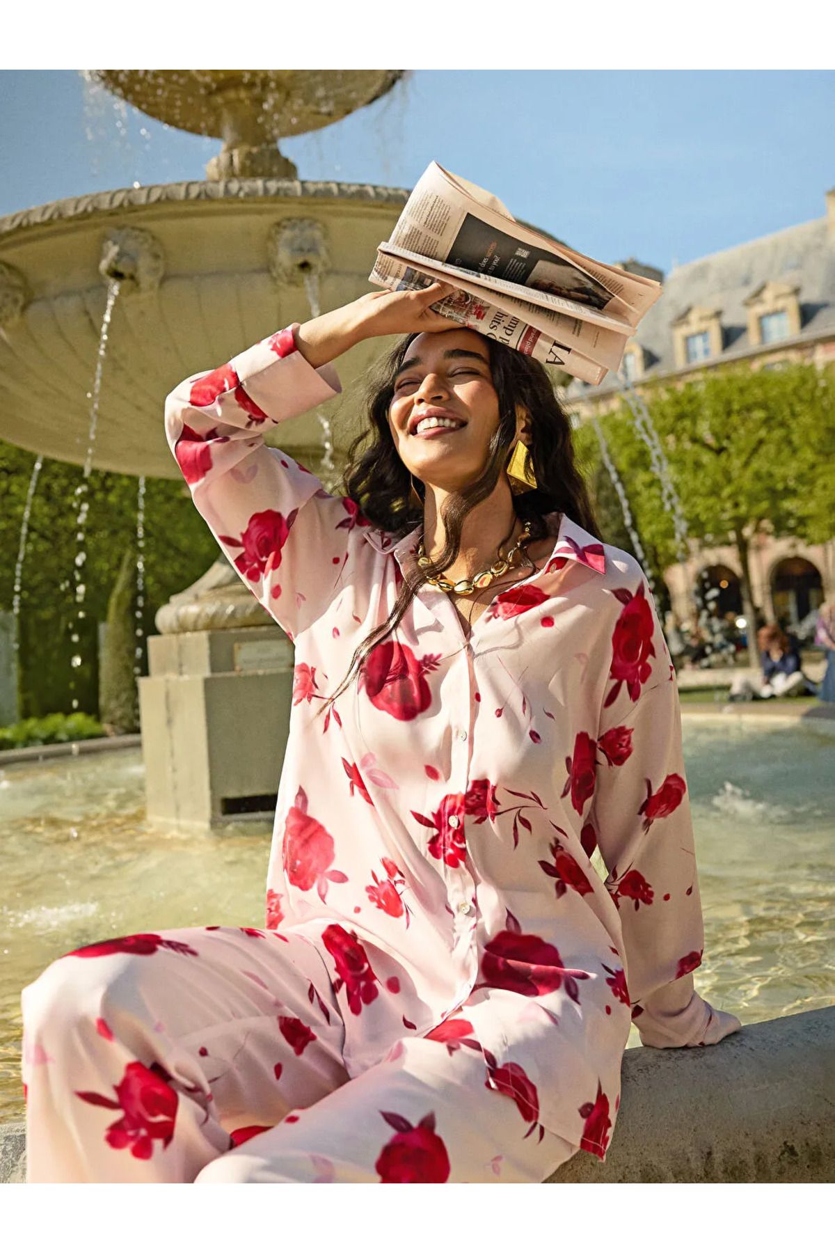 LC Waikiki LCW DREAM Pembe Gömlek Yaka Çiçekli Kadın Pijama Takımı