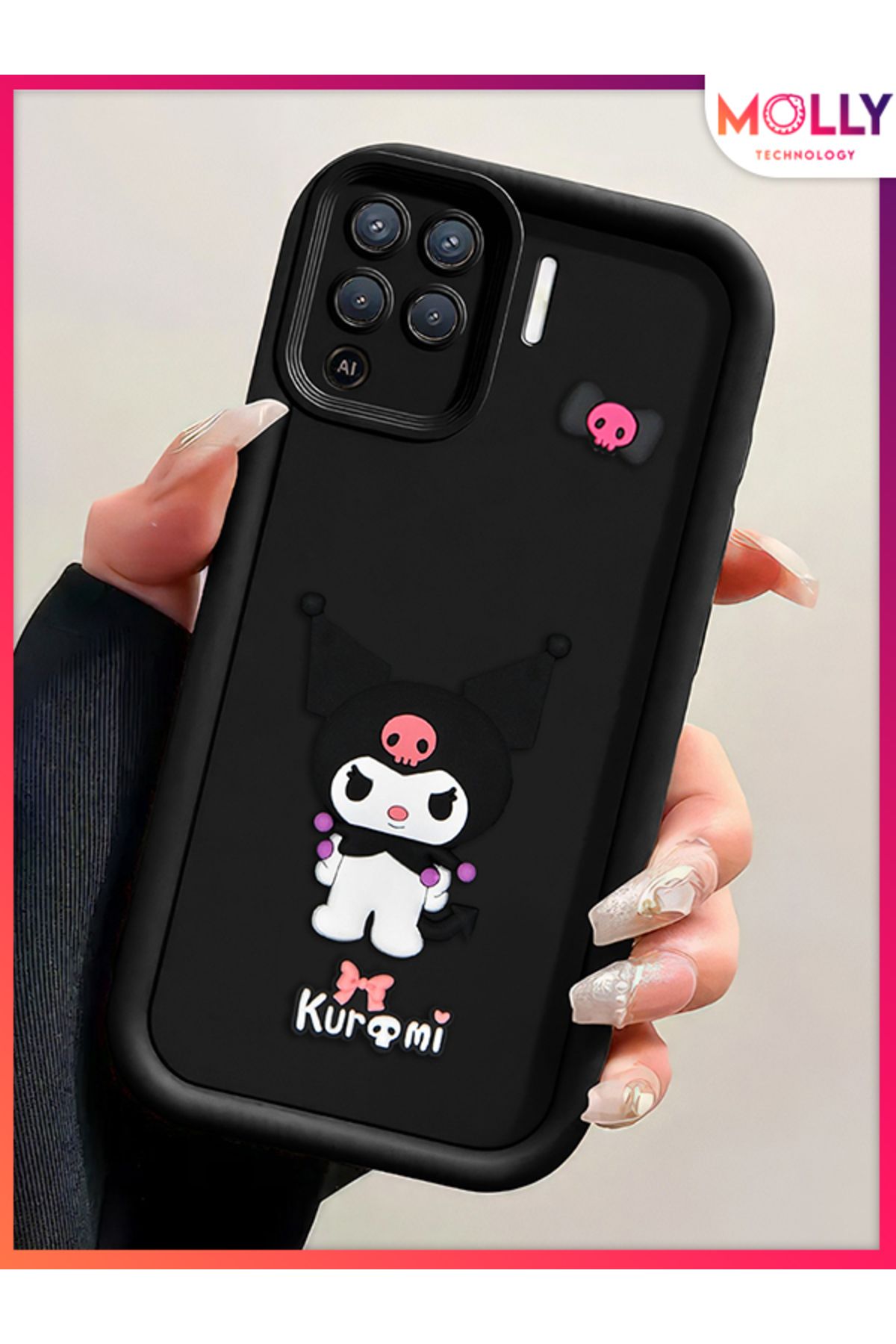 Molly Oppo Reno 5 Lite İçin Siyah Kenarları Kalın 3d Kabartmalı Kawaii Kuromi Silikon Kılıf