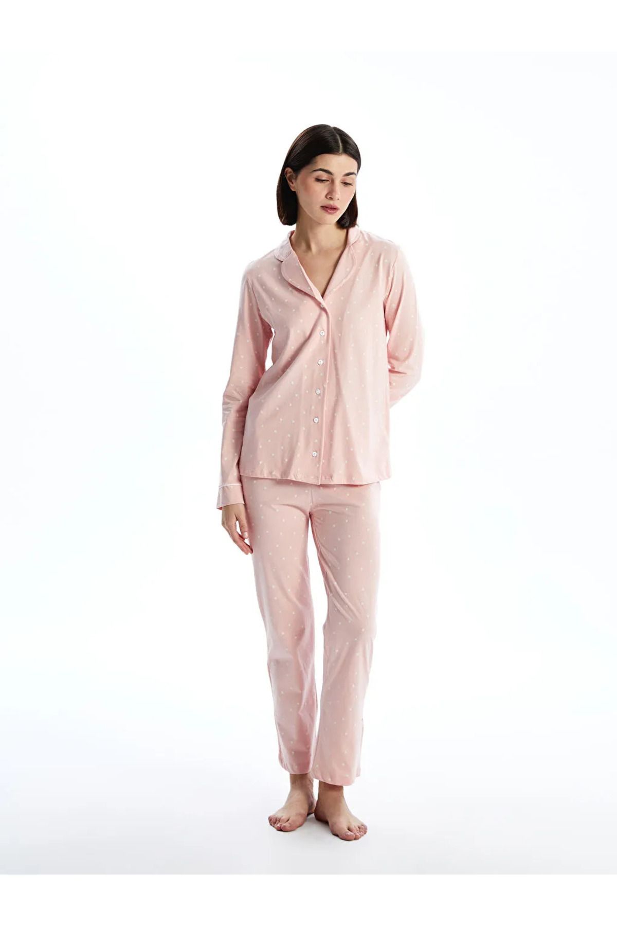 LC Waikiki LCW DREAM Pembe Gömlek Yaka Baskılı Kadın Pijama Takımı