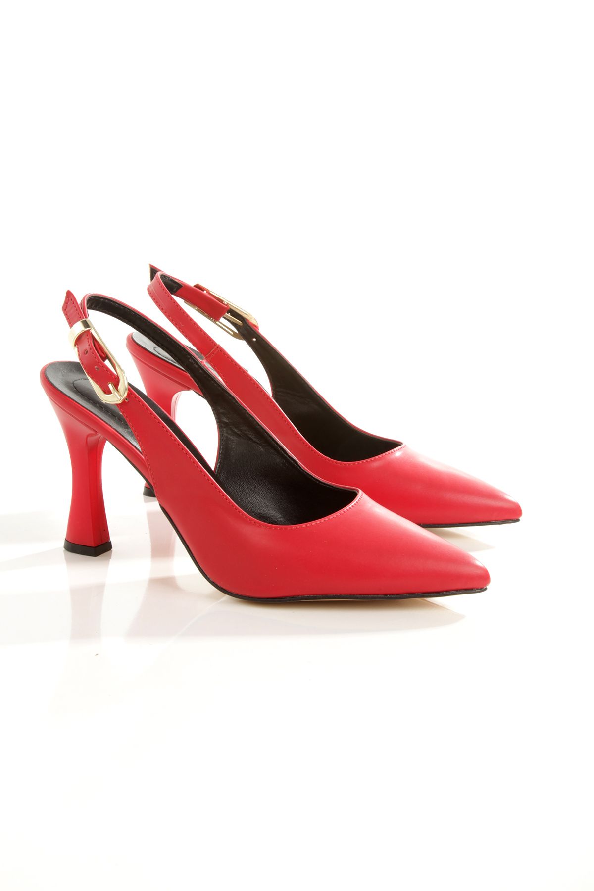 Ayakkabı Podyumum-Red Skin Pointed Toe Back Open Large Buckle 9cm Goblet Heel 4
