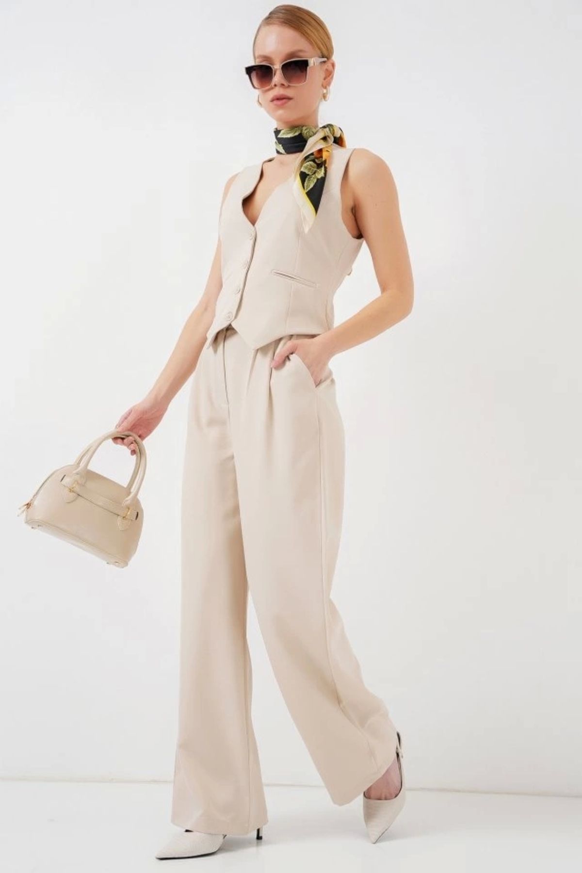 MODA 6709 Yelek Pantolon İkili Takım Krem