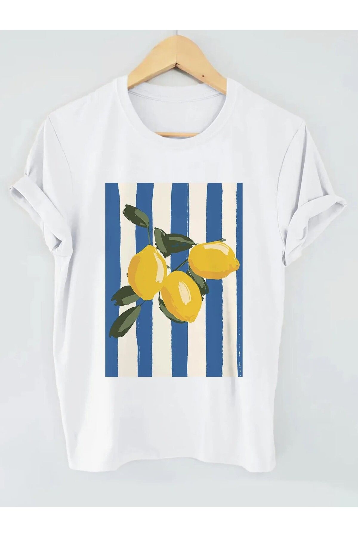 LEIVOR Limon Mavi Çubuk Baskılı Kadın T-shirt