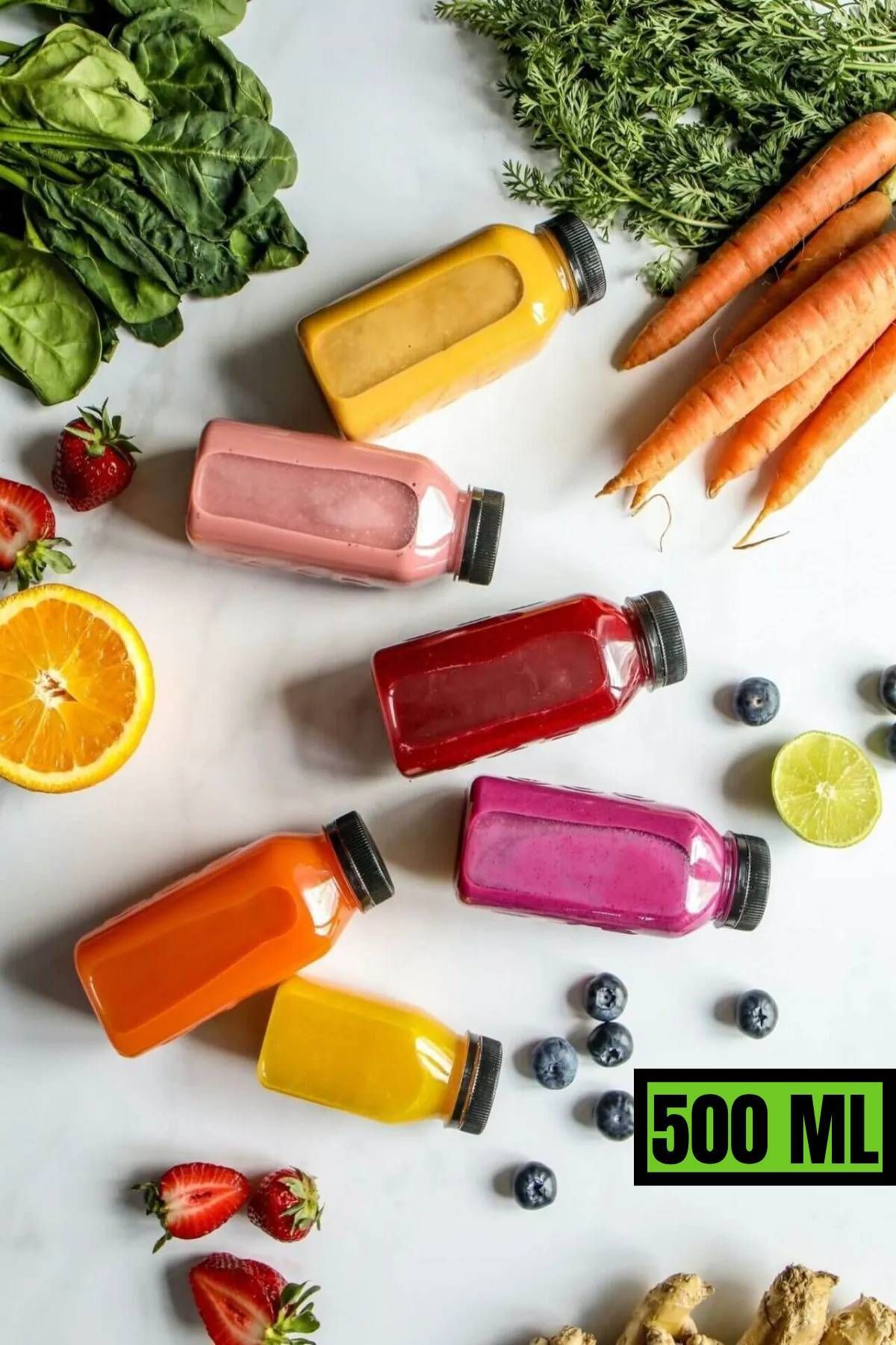 MEDUSHOP 5 Adet 500 ml Smoothie Detoks Şişesi Şeffaf Plastik Sızdırmaz Kapak Köşeli Meyve Suyu Şişesi
