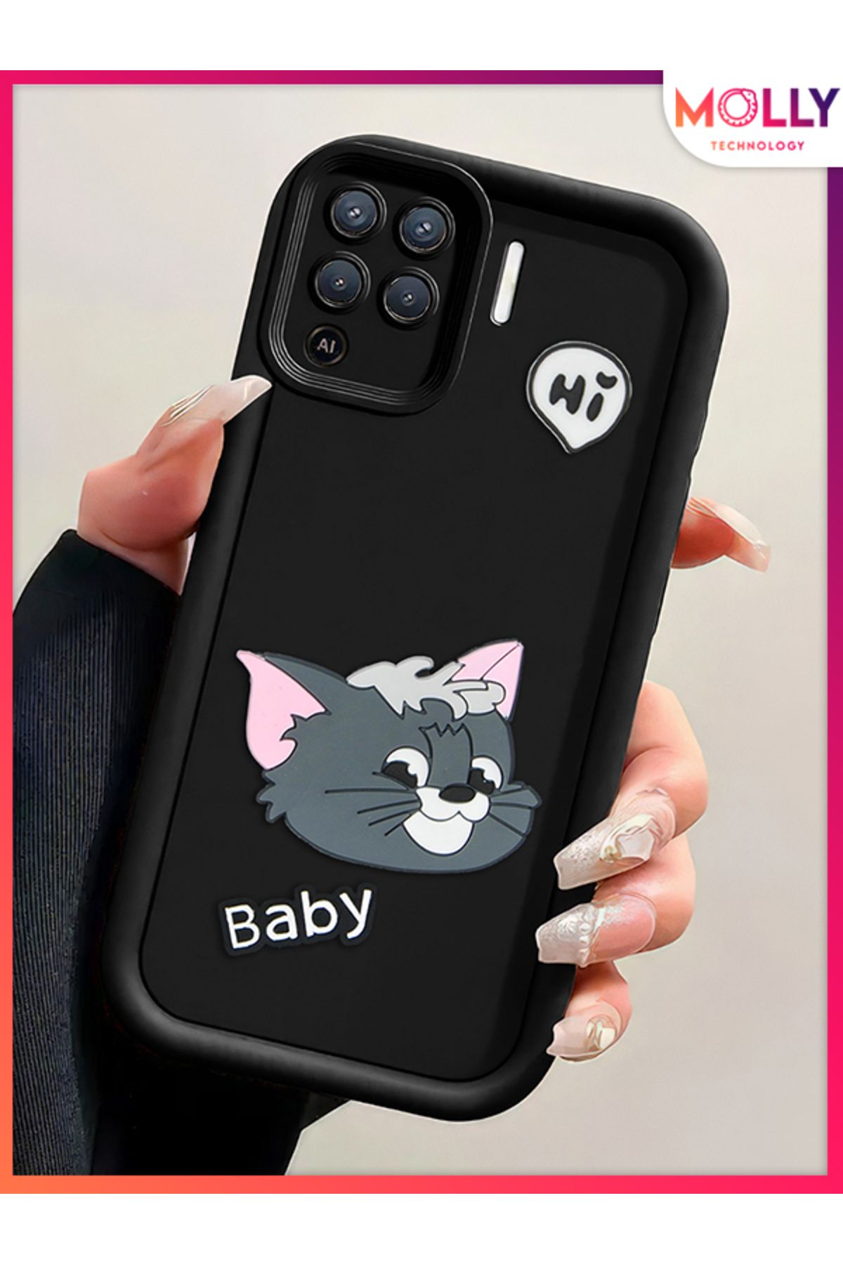 Molly Oppo Reno 5 Lite İçin Siyah Kenarları Kalın 3d Kabartmalı Baby Tom Silikon Kılıf