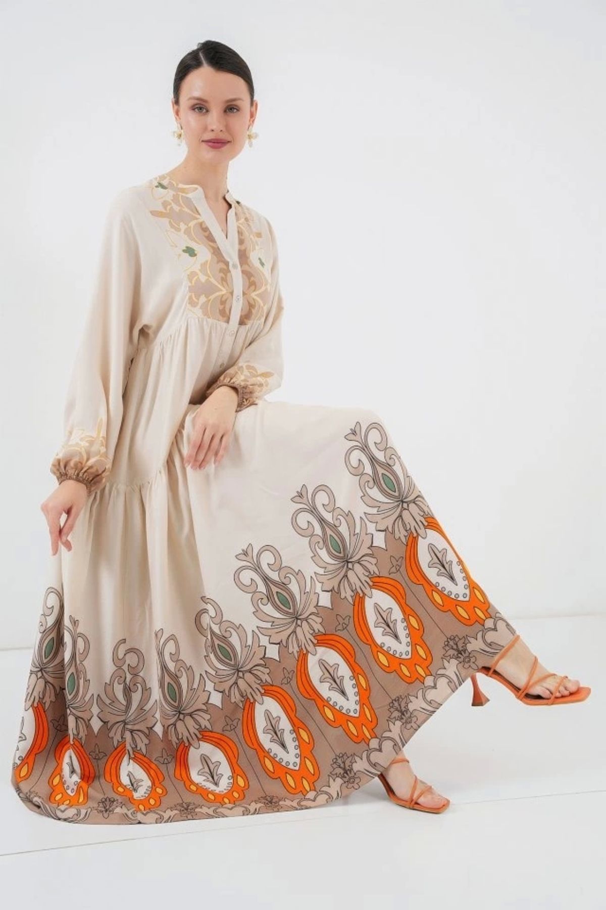 MODA 23 Otantik Desenli Tesettür Elbise T. Ekru