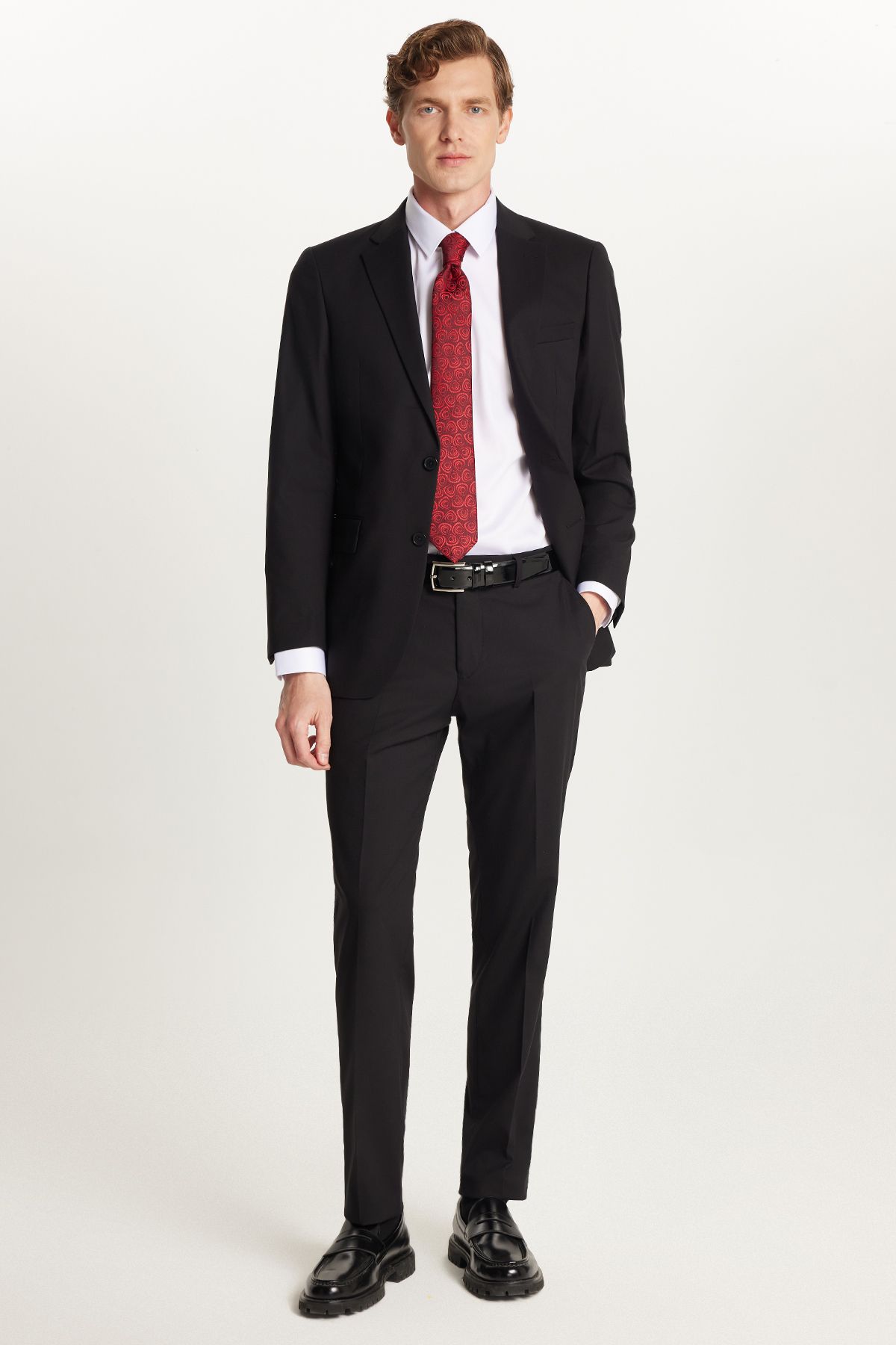 Tudors Erkek Slim Fit Mono Yaka Likralı Esnek Kumaş Siyah Takım Elbise