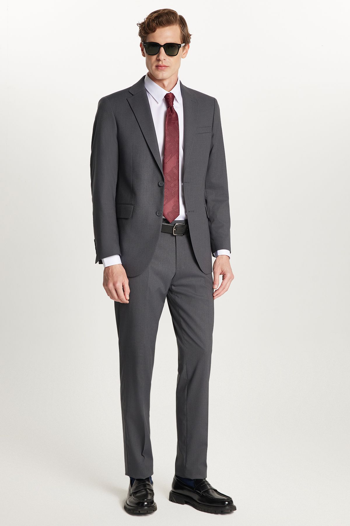 Tudors Erkek Slim Fit Mono Yaka Likralı Esnek Kumaş Füme Takım Elbise