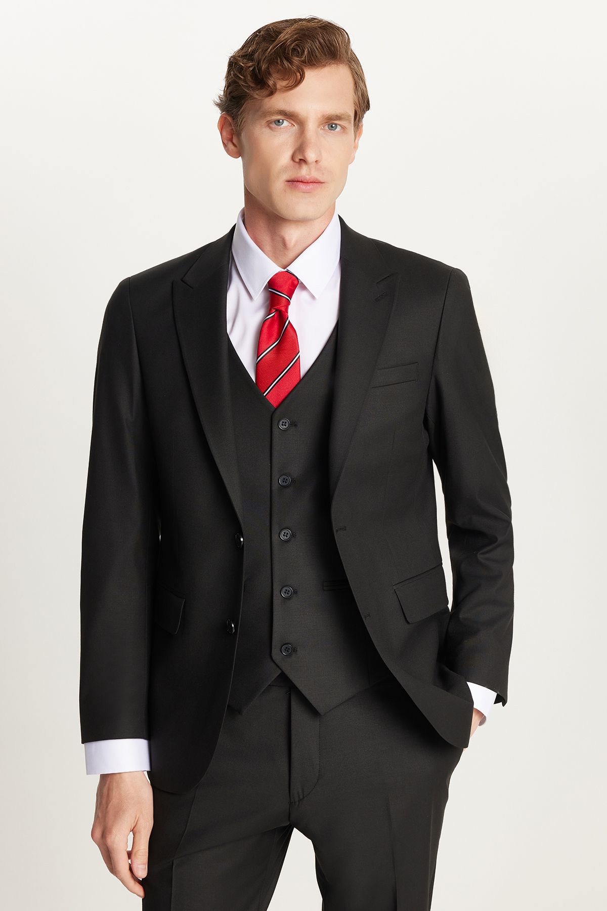 Tudors Erkek Slim Fit Siyah Esnek Likralı Kumaş Sivri Yaka Yelekli Takım Elbise