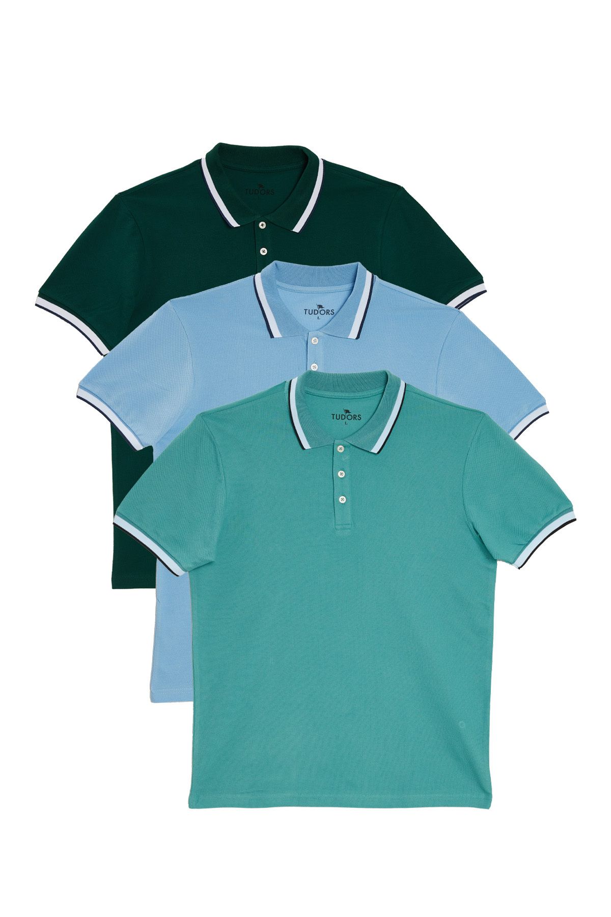 Tudors Erkek 3'lü Paket Turkuaz-Açık Mavi-Yeşil Slim Fit Pamuklu Düz Fermuarlı Pike Polo Yaka Tişört